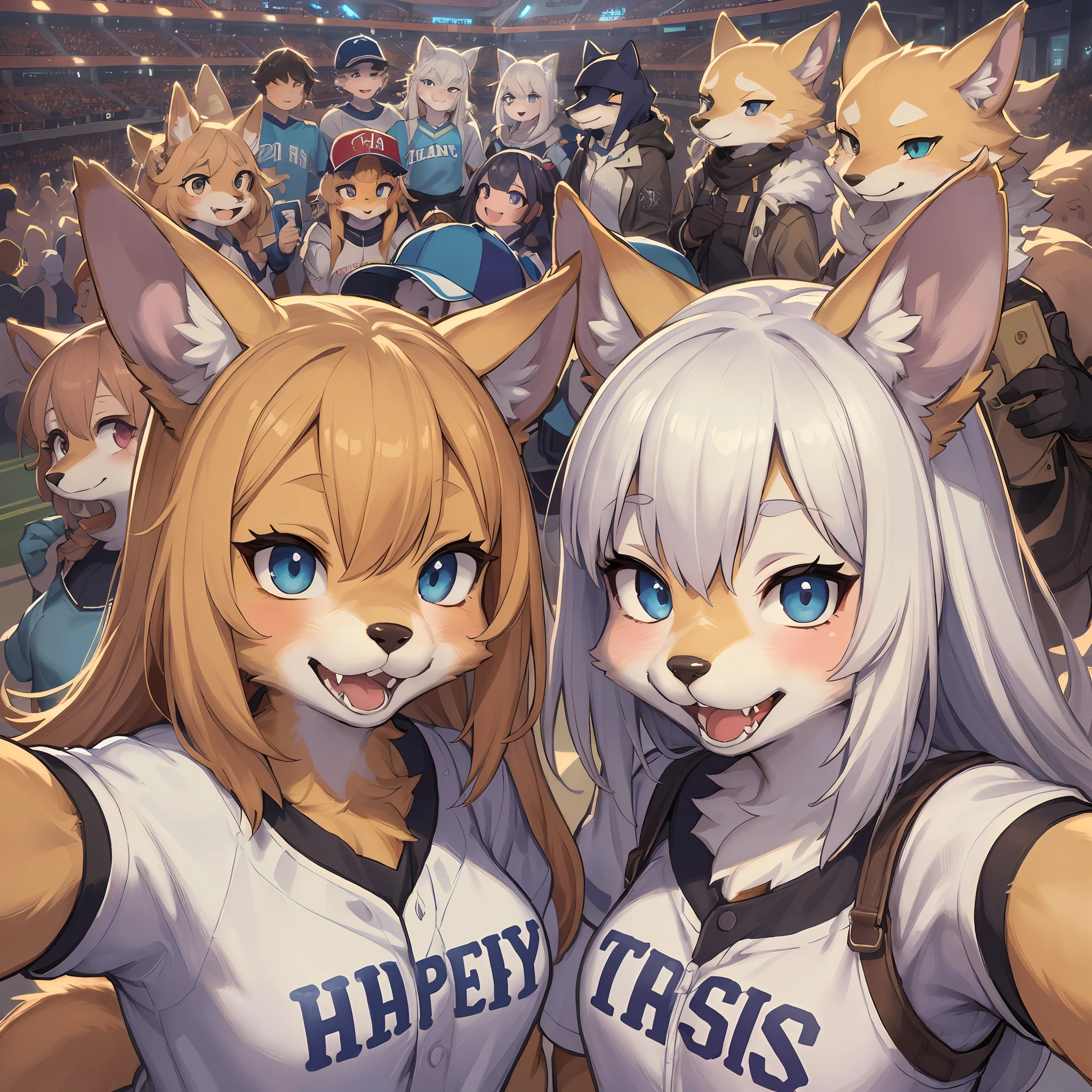 top quality, best quality, High-quality illustrations, masterpiece, super high resolution, detailed background, detailed background, Watching Baseball, group shot, 6+boys, 6+girls, Happy, joyful, absurdres(highly detailed beautiful face and eyes)perfect anatomy(Photos taken with friends)(kemono, furry anthro)selfie,