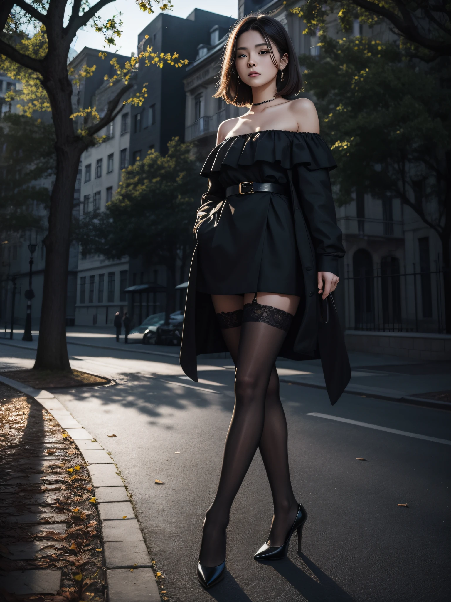 Best Quality, Masterpiece, Ultra High Resolution, (Realism: 1.4), Original Photo, 1girl, Offshoulder, In the Dark, Deep Shadow, Low Key, Cold Light, In the Park, Black Stockings, High Heels, Professional Wear