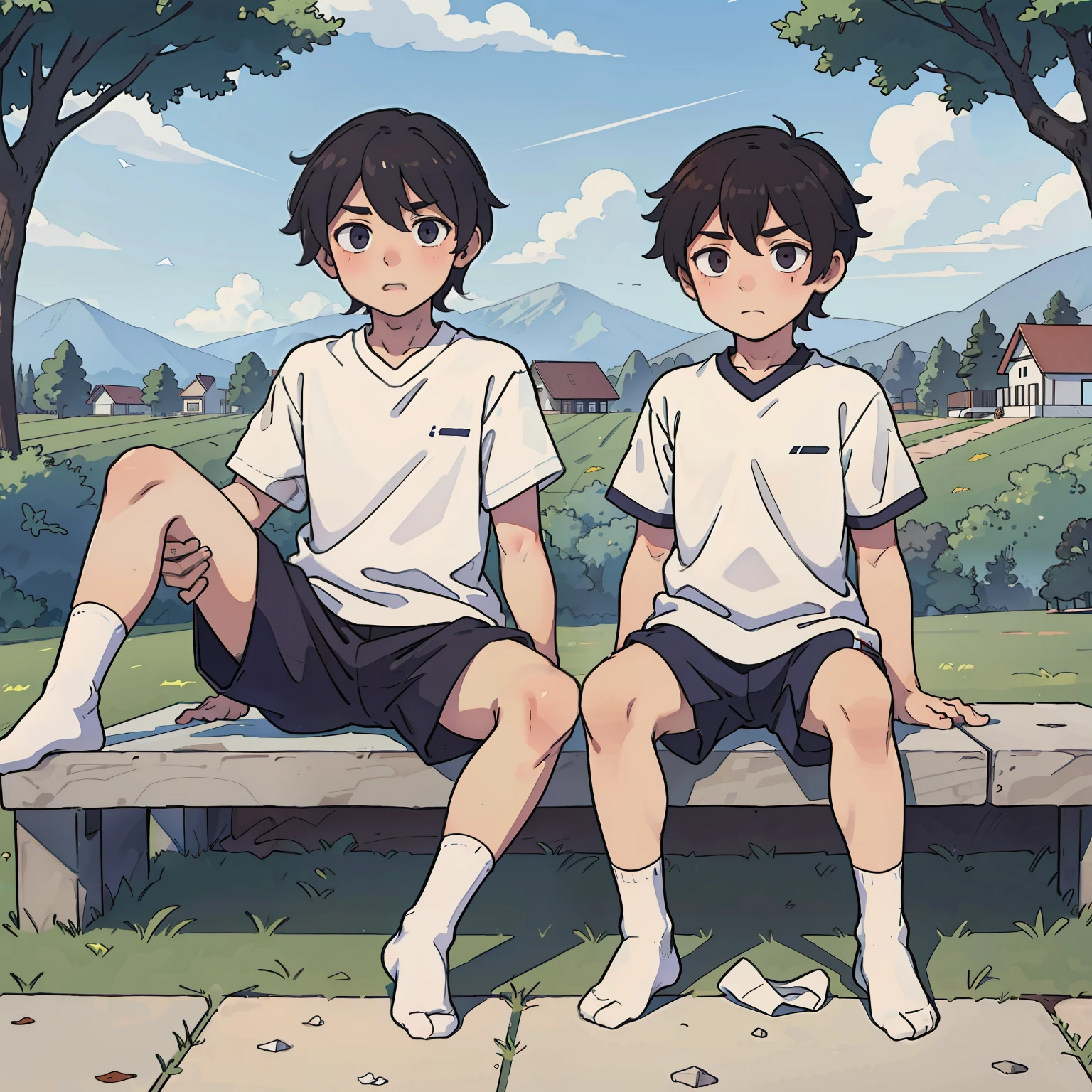 Shota， without wearing shoes， White  socks， sat on the ground， 2guys，Sports wear（rot， blanche）， tmasterpiece， k hd