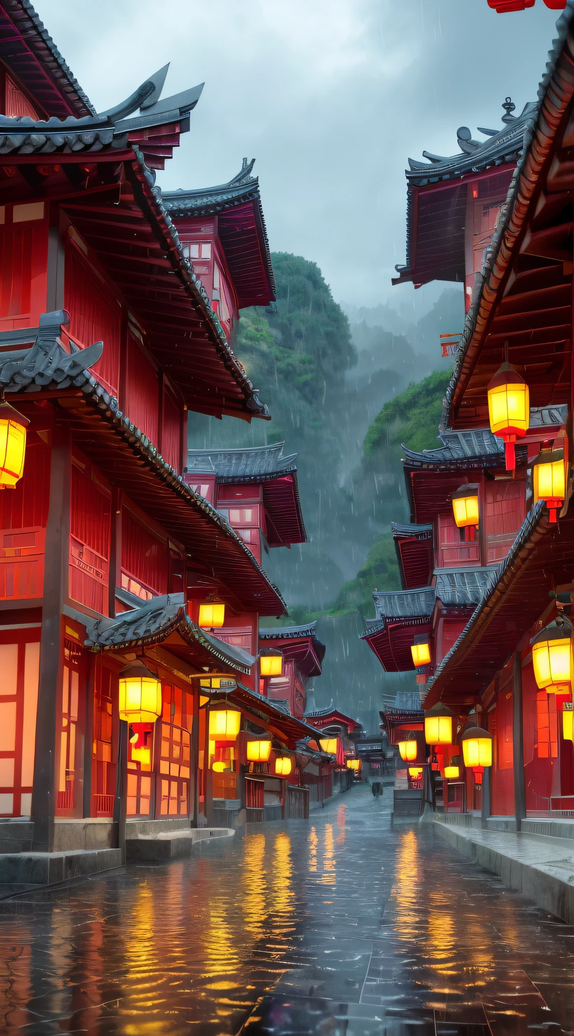 arafed view of a village with a lot of lights on the buildings, dreamy chinese town, chinese village, amazing wallpaper, japanese town, japanese village, hyper realistic photo of a town, old asian village, japanese city, by Raymond Han, rainy evening, cyberpunk chinese ancient castle, beautifully lit buildings, at evening during rain, beautiful and aesthetic, photography, cinematic, 8k, high detailed ((Heavy rain)))