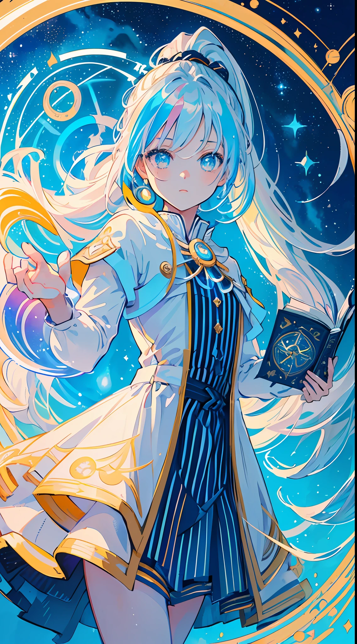 (Highest picture quality), Perfect face,(Master's work), (Ultra-detailed),
1girll,Solo ,mages,the wall,A magic book with light,((magical )),((Magical Circle:1.2)),(White hair, Striped hair, Colored inner hair, Long hair,High ponytail),  (ether colorful ink flowing:1.3), From below,(( Gorgeous starry sky background)),