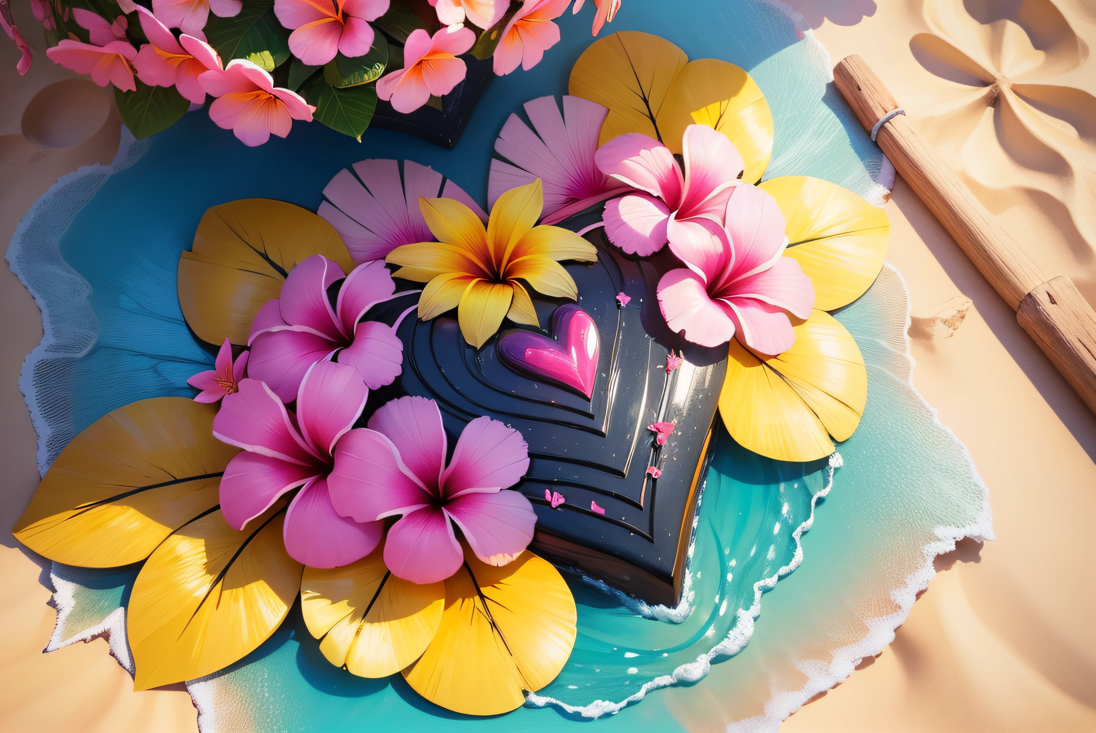 Close-up of a heart made of flowers on the beach, heart made of flowers, Plumeria, tropical flowers, beautiful tropical flowers, blooming tropical flowers, made of flowers and leaves, made of flowers and fruit, made of flowers, Flower petals, with colored flowers, pink yellow flowers, tropical style, made of fruit and flowers, beautiful aesthetic, Beautiful composition,super high-quality model,dripping paint,oil painted,Abstract beauty,Heavy strokes