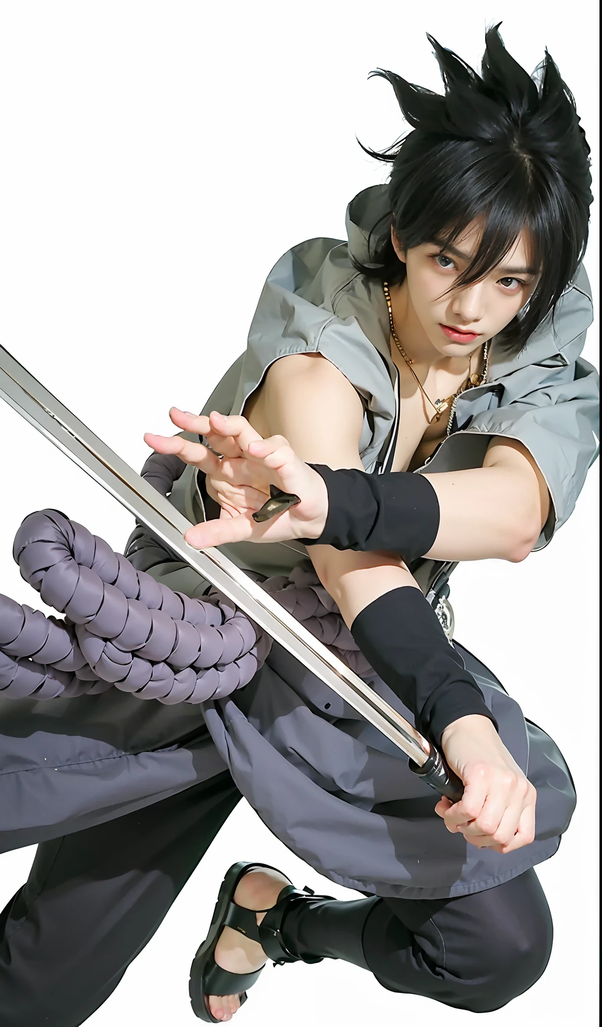 "An extraordinary masterpiece capturing the essence of a long-haired male in a stunningly detailed and realistic manhwa-inspired portrait, Sasuke uchiha, blue eyes, showcased in mesmerizing 8K resolution."