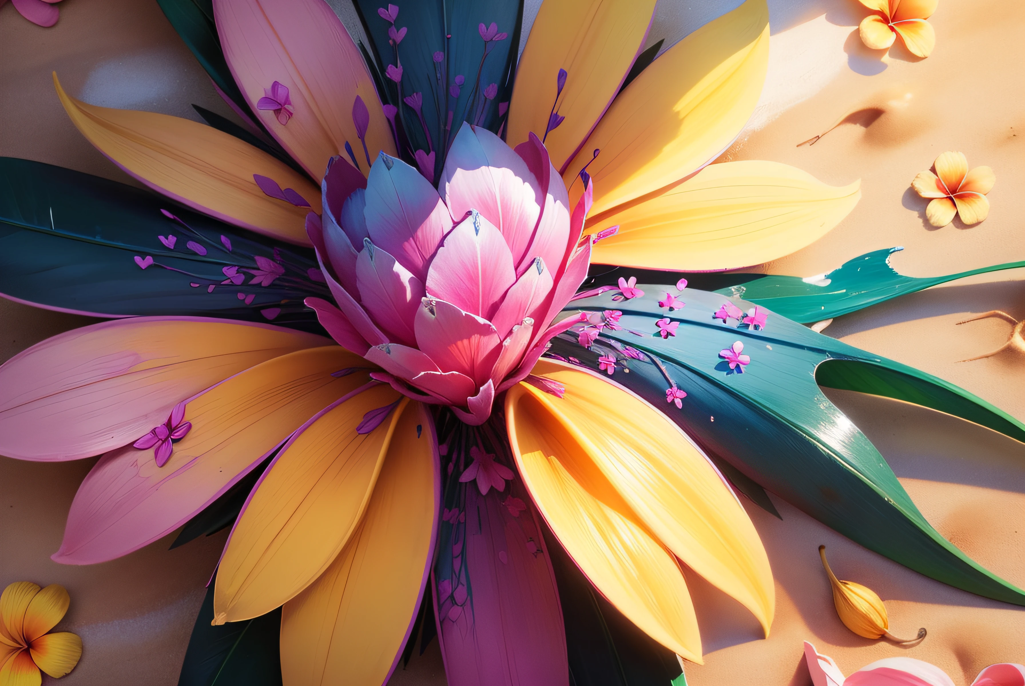 Close-up of a heart made of flowers on the beach, heart made of flowers, Plumeria, tropical flowers, beautiful tropical flowers, blooming tropical flowers, made of flowers and leaves, made of flowers and fruit, made of flowers, Flower petals, with colored flowers, pink yellow flowers, tropical style, made of fruit and flowers, beautiful aesthetic, Beautiful composition,super high-quality model,dripping paint,oil painted,Abstract beauty,Heavy strokes