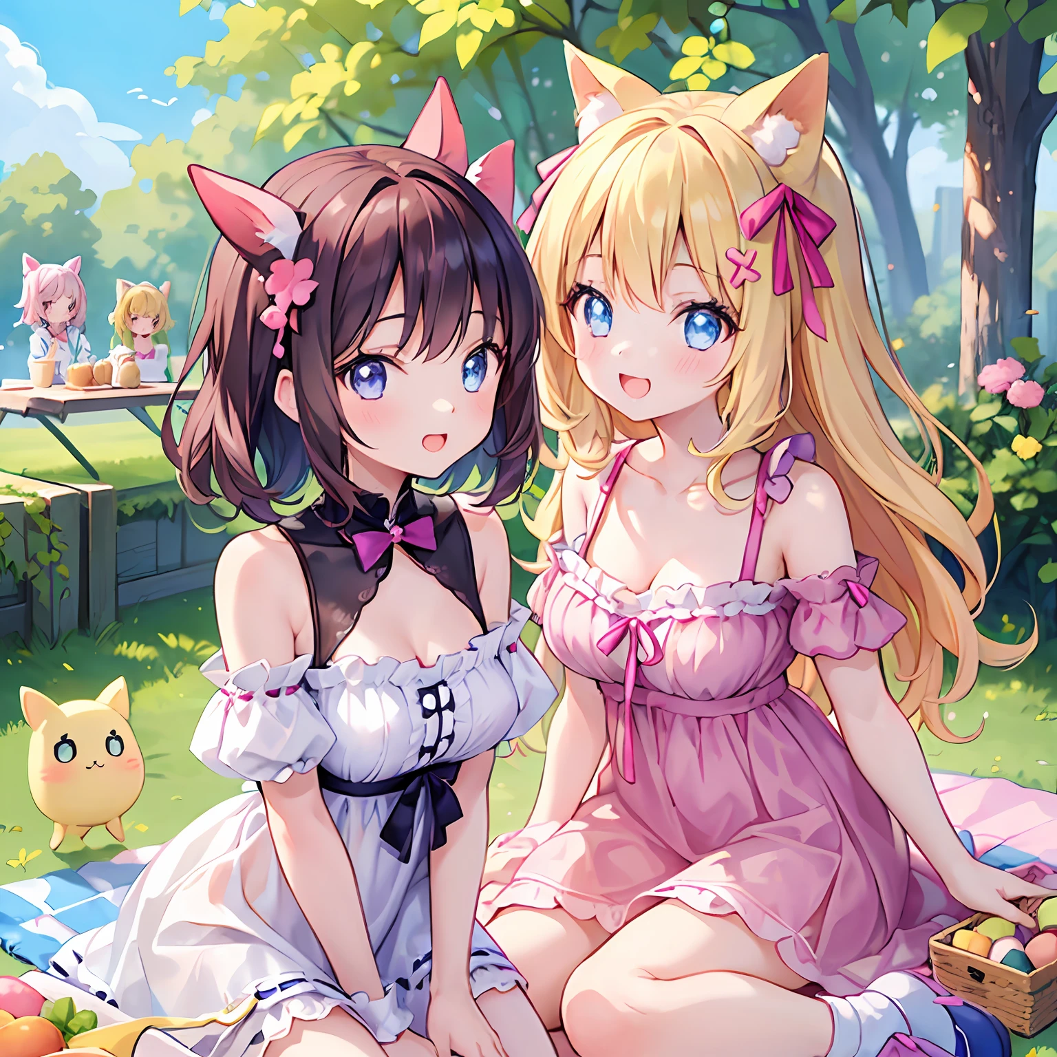 masterpiece, (2girls and 2girls and 2girls and 2girls at picnic), idol, big eyes, kawaiitech, kawaii, cute, pastel colors, best quality, happy, deep background, symmetrical, tilted head, summer