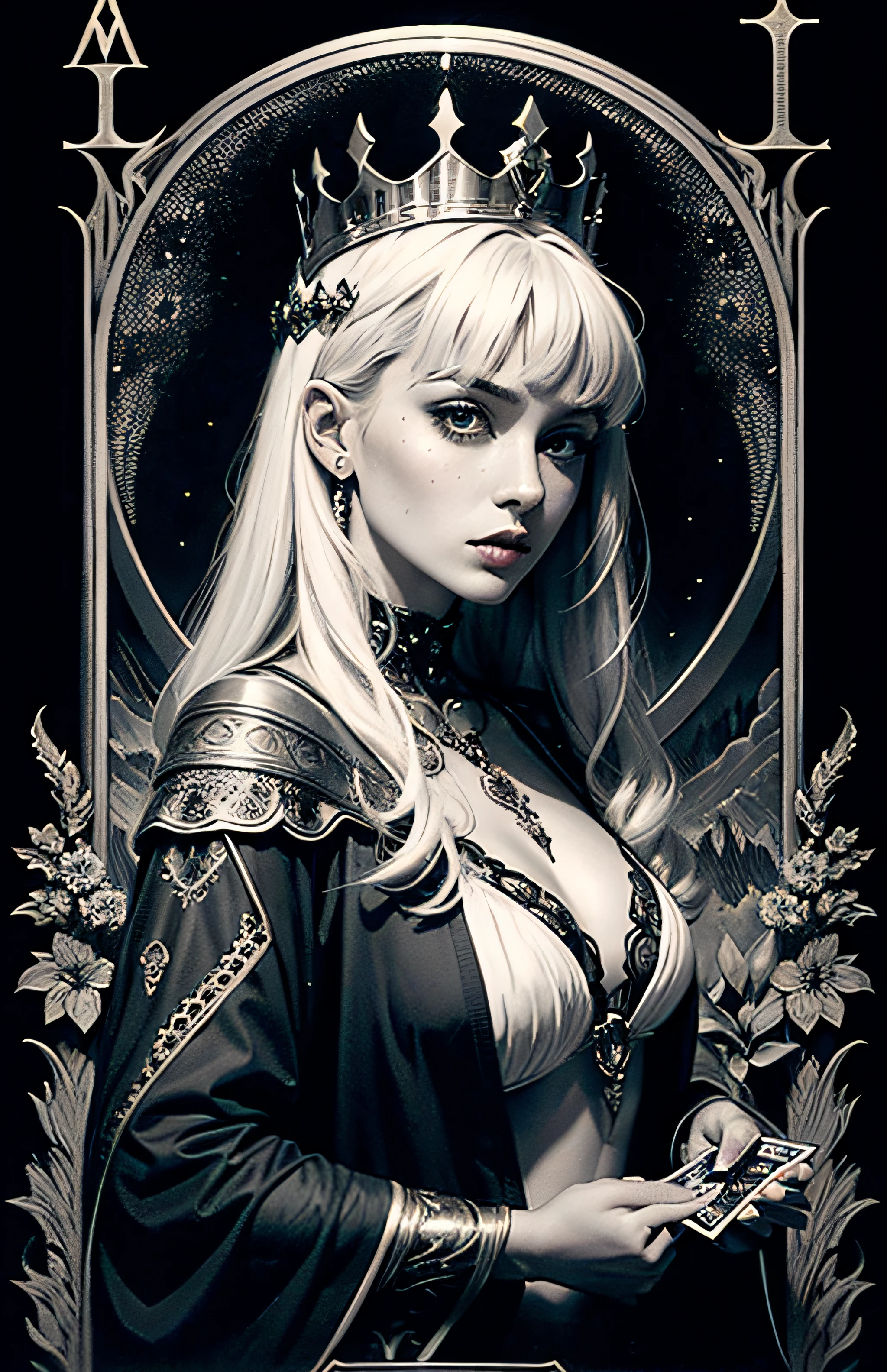young queen with bangs, white hair, nordic mythology, dark atmosphere, greyscale, detailed linework, cinematic, psychedelic, black paper with vibrant bioluminescent line work, ornate, symmetrical, queen's card, tarot card, highly detailed, ink illustration, style of luis royo,