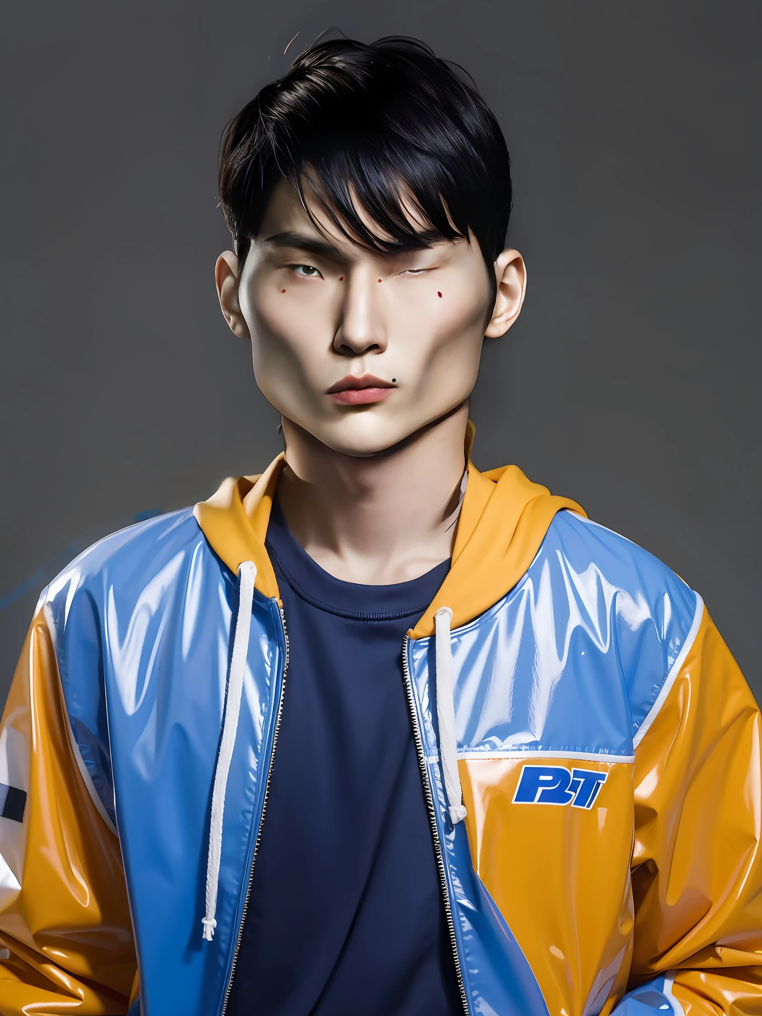 Chinese male high school student,Wearing a PVC blue sweatshirt