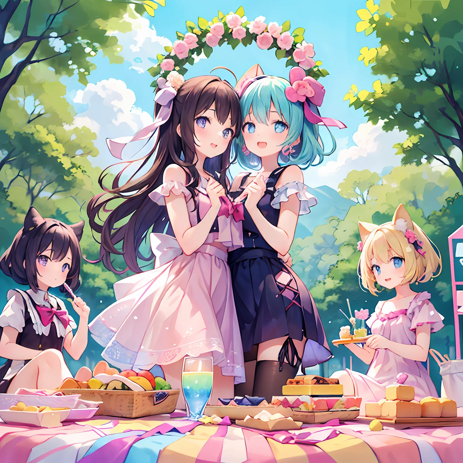 masterpiece, (2girls and 2girls and 2girls and 2girls at picnic), idol, big eyes, kawaiitech, kawaii, cute, pastel colors, best quality, happy, deep background, symmetrical, tilted head, summer