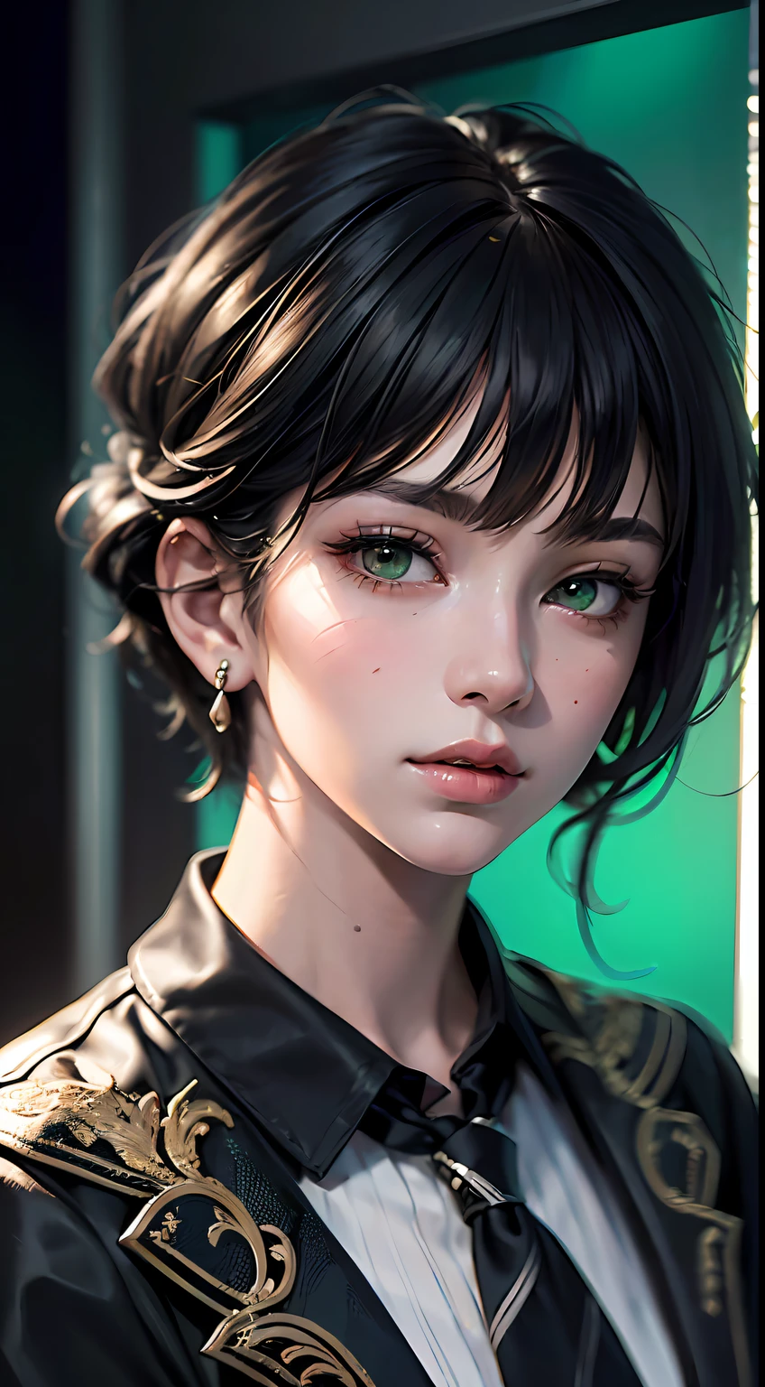 (masterpiece、top-quality、realisitic:1.37)、(intricate and delicate、high detailed skin and face)、tilt head、Young man in floral pattern and black suit、white shirt、Five piercings、(murky)、Green eyes and short hair、dimly lit room in background、Cinematic soft lighting、8k wallpaper、Unity、art stations、High Resolution CG