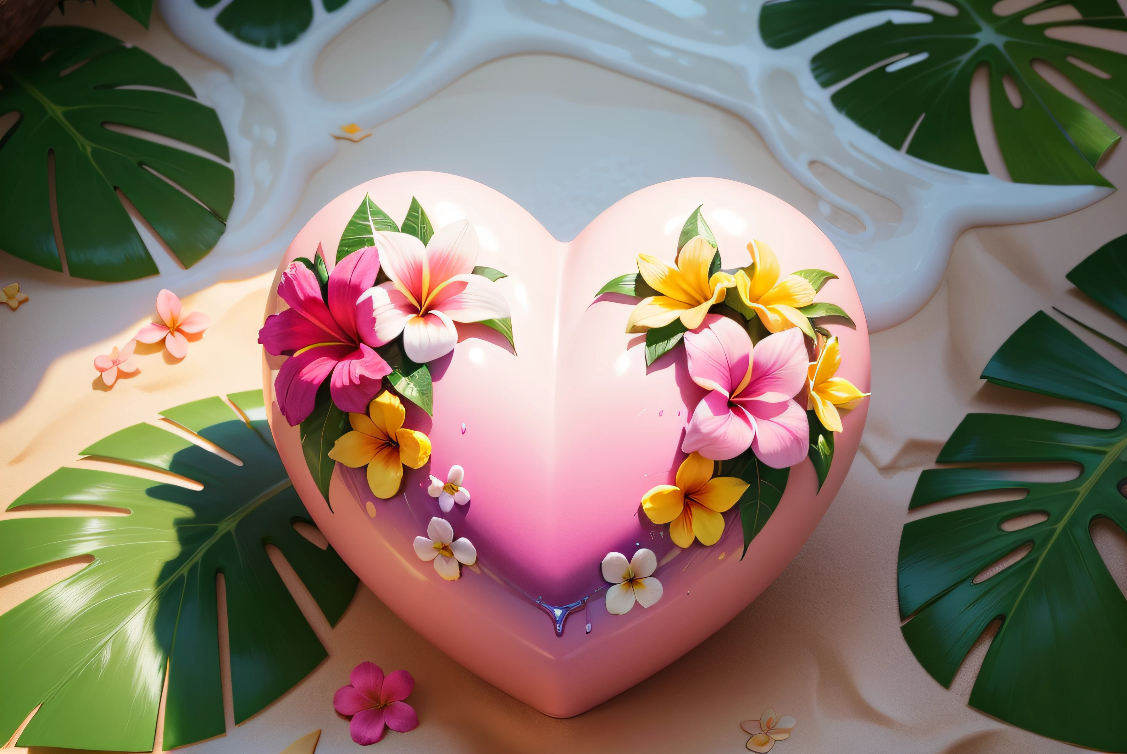 Close-up of a heart made of flowers on the beach, heart made of flowers, Plumeria, tropical flowers, beautiful tropical flowers, blooming tropical flowers, made of flowers and leaves, made of flowers and fruit, made of flowers, Flower petals, with colored flowers, pink yellow flowers, tropical style, made of fruit and flowers, beautiful aesthetic, Beautiful composition,super high-quality model,dripping paint,oil painted,Abstract beauty,Heavy strokes