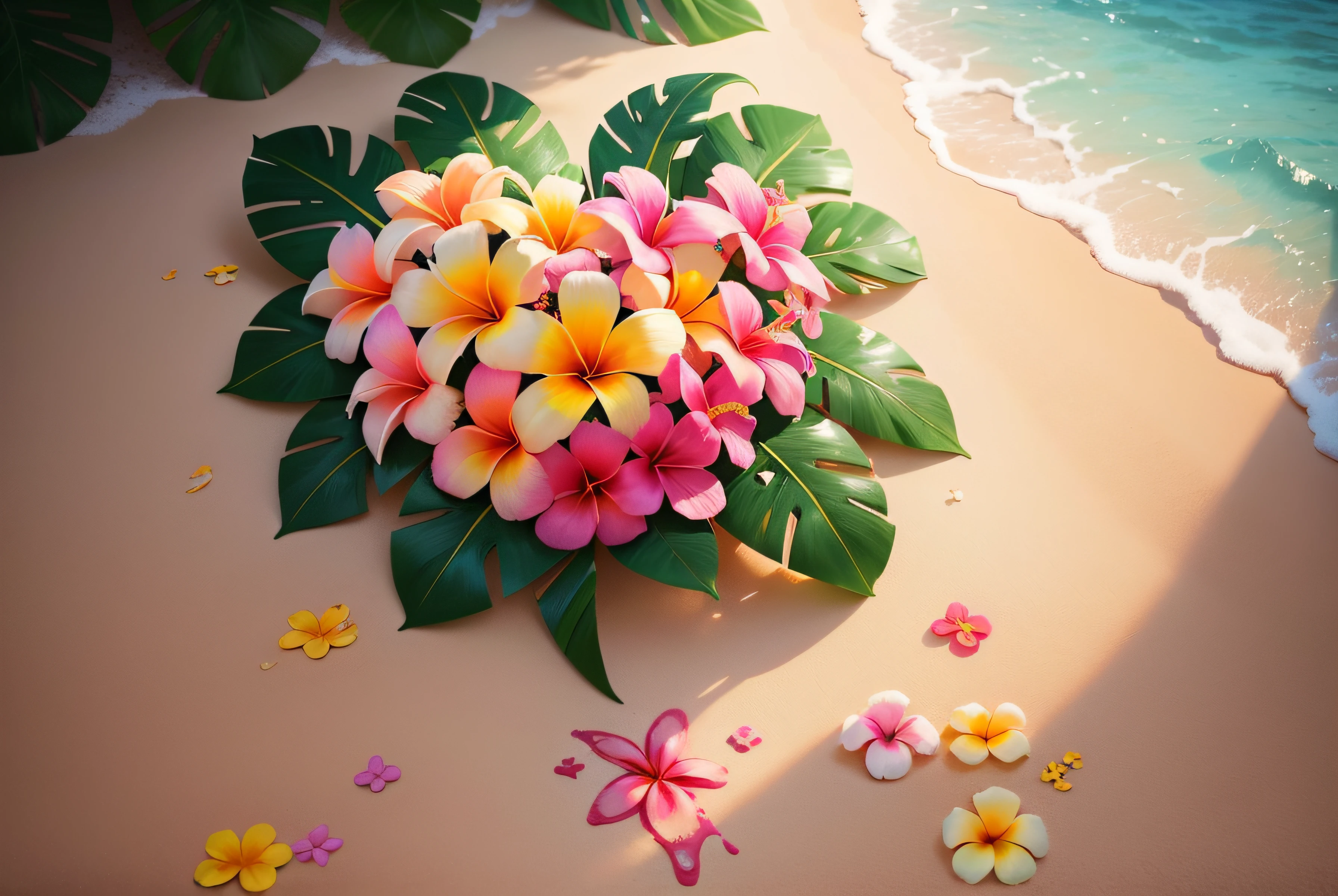 Close-up of a heart made of flowers on the beach, heart made of flowers, Plumeria, tropical flowers, beautiful tropical flowers, blooming tropical flowers, made of flowers and leaves, made of flowers and fruit, made of flowers, Flower petals, with colored flowers, pink yellow flowers, tropical style, made of fruit and flowers, beautiful aesthetic, Beautiful composition，super high-quality model，dripping paint，oil painted，Abstract beauty，Heavy strokes
