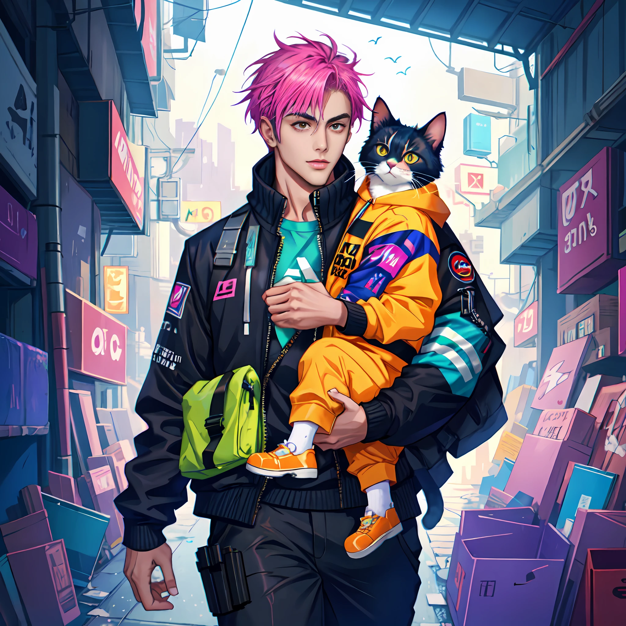 cyberpunk, ddler, cat, handsome boy, Use vibrant colors, 8k --v 4