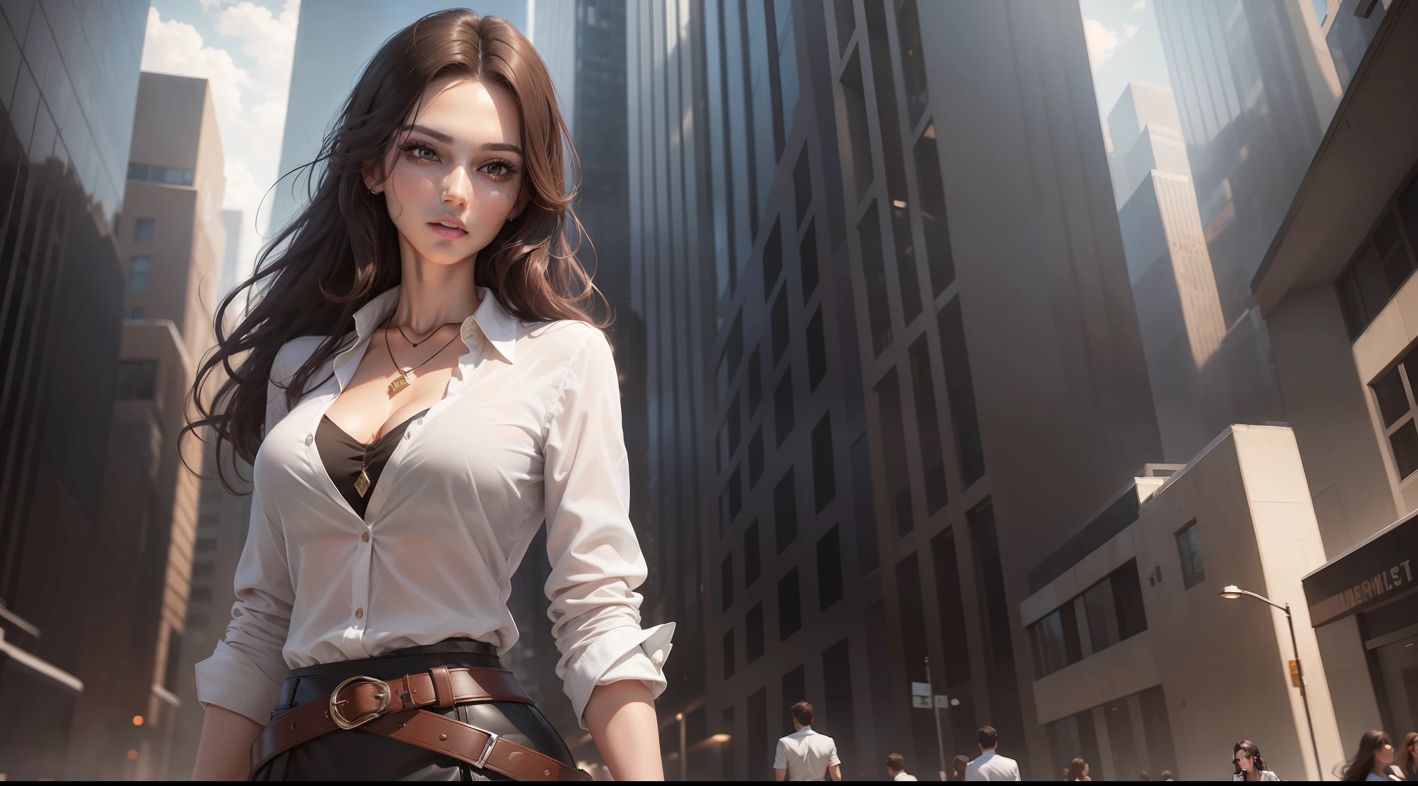 (Best quality, High resolution, Masterpiece :1.3), A tall and pretty woman, Slender abs, Dark brown hair styled in loose waves, Breasts, Wearing pendant, White button up shirt, Belt, Black skirt, (Modern architecture in background), Details exquisitely rendered in the face and skin texture, Detailed eyes, Double eyelid