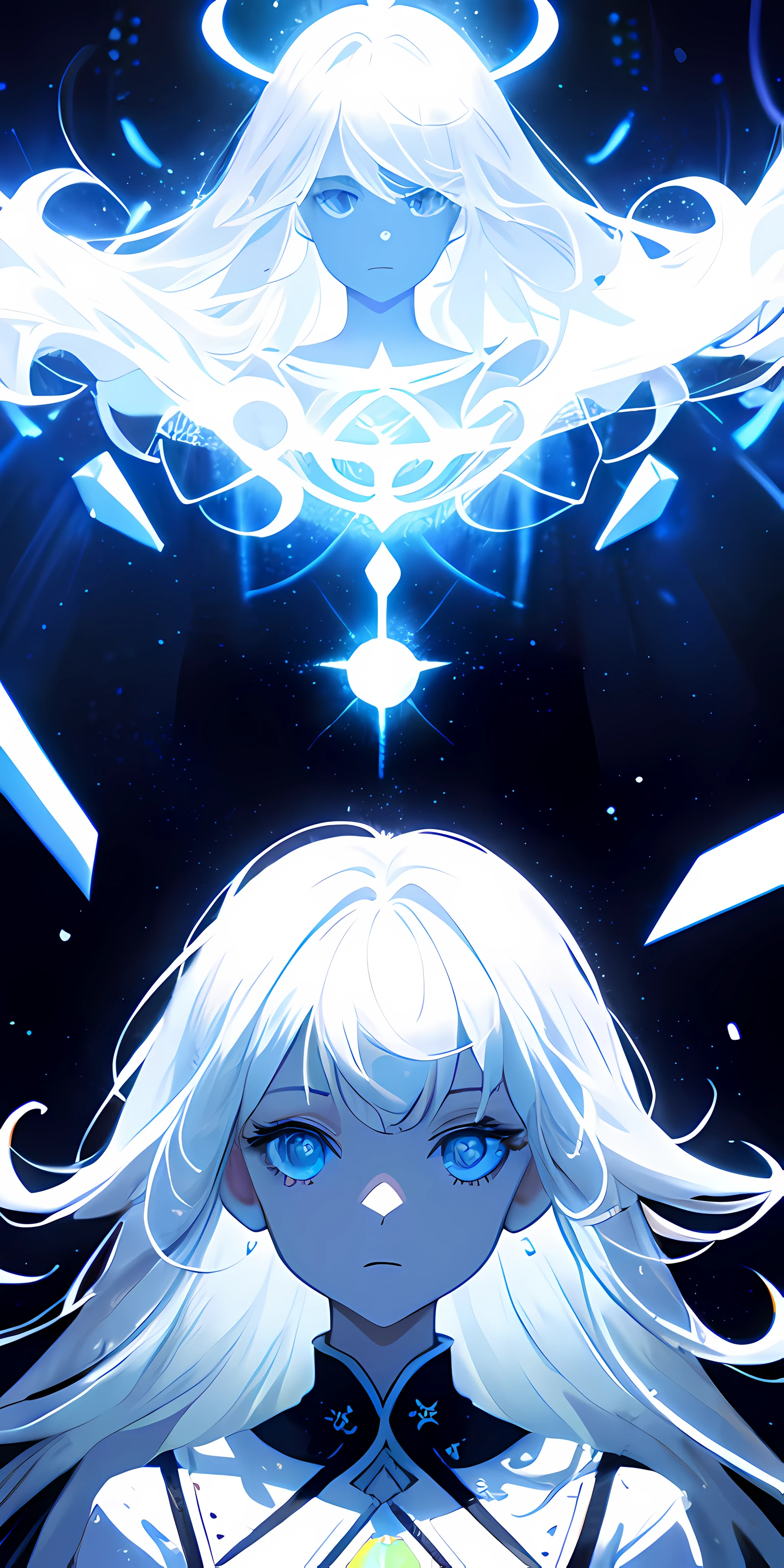 1girll, White hair, pupils in symbol shapes, Goddess of space, milky ways, Light particles, Light rays, the wallpaper, High contrast, Colorful,