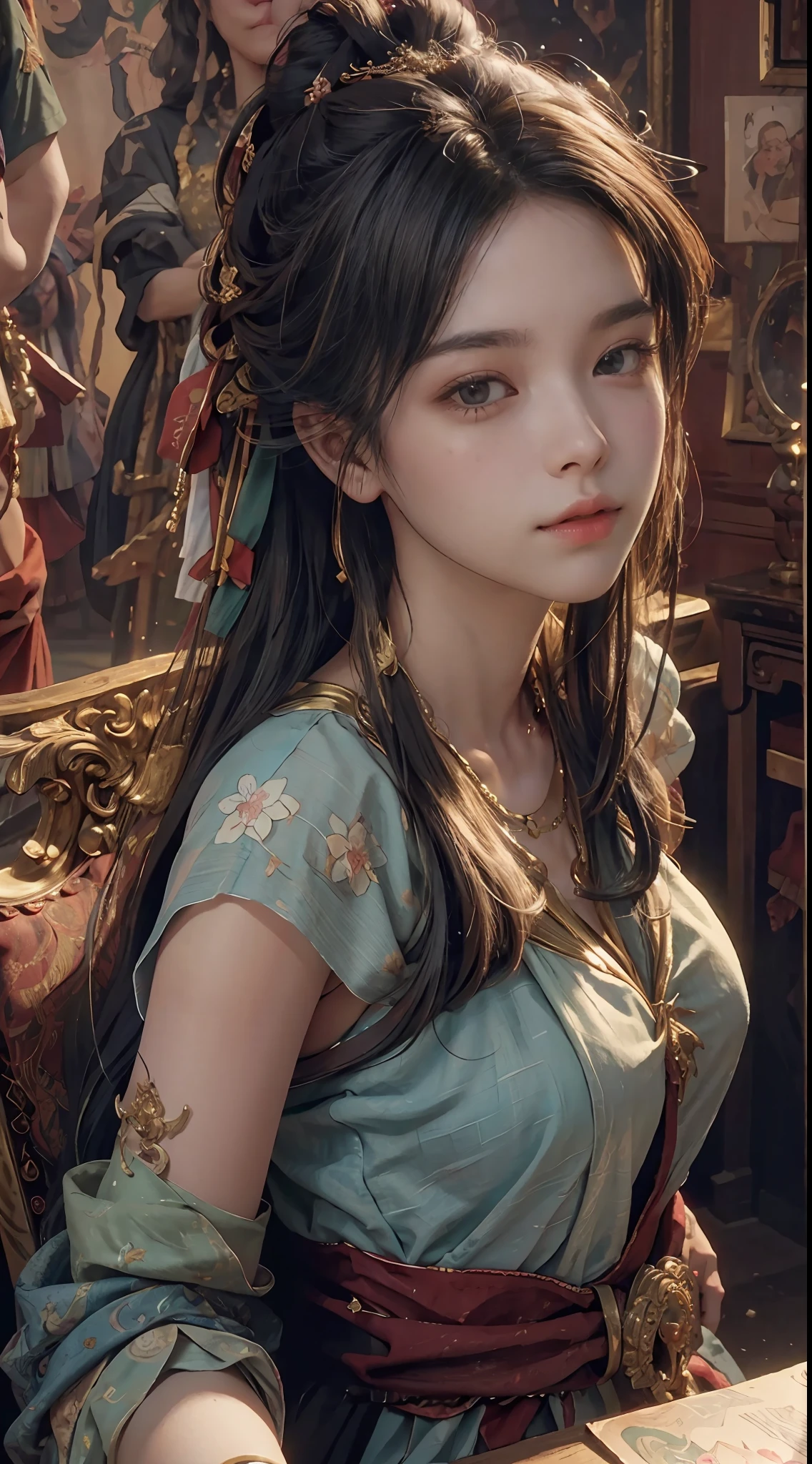 (RAW Photo, Best Quality), (Realistic, Photo Realistic: 1.3), Best Quality, Highly Detailed, Masterpiece, Hyper Detail, Illustration, 1 Girl, upper_body, Dynamic Angle, World Masterpiece Theater, messy_long_hair, Best Quality, Extremely Detailed CG Unity 8k Wallpaper, Ink, Amazing, Cinematic Lighting, lens_flare, dunhuang_style, (Big Tits: 1.4), Sexy