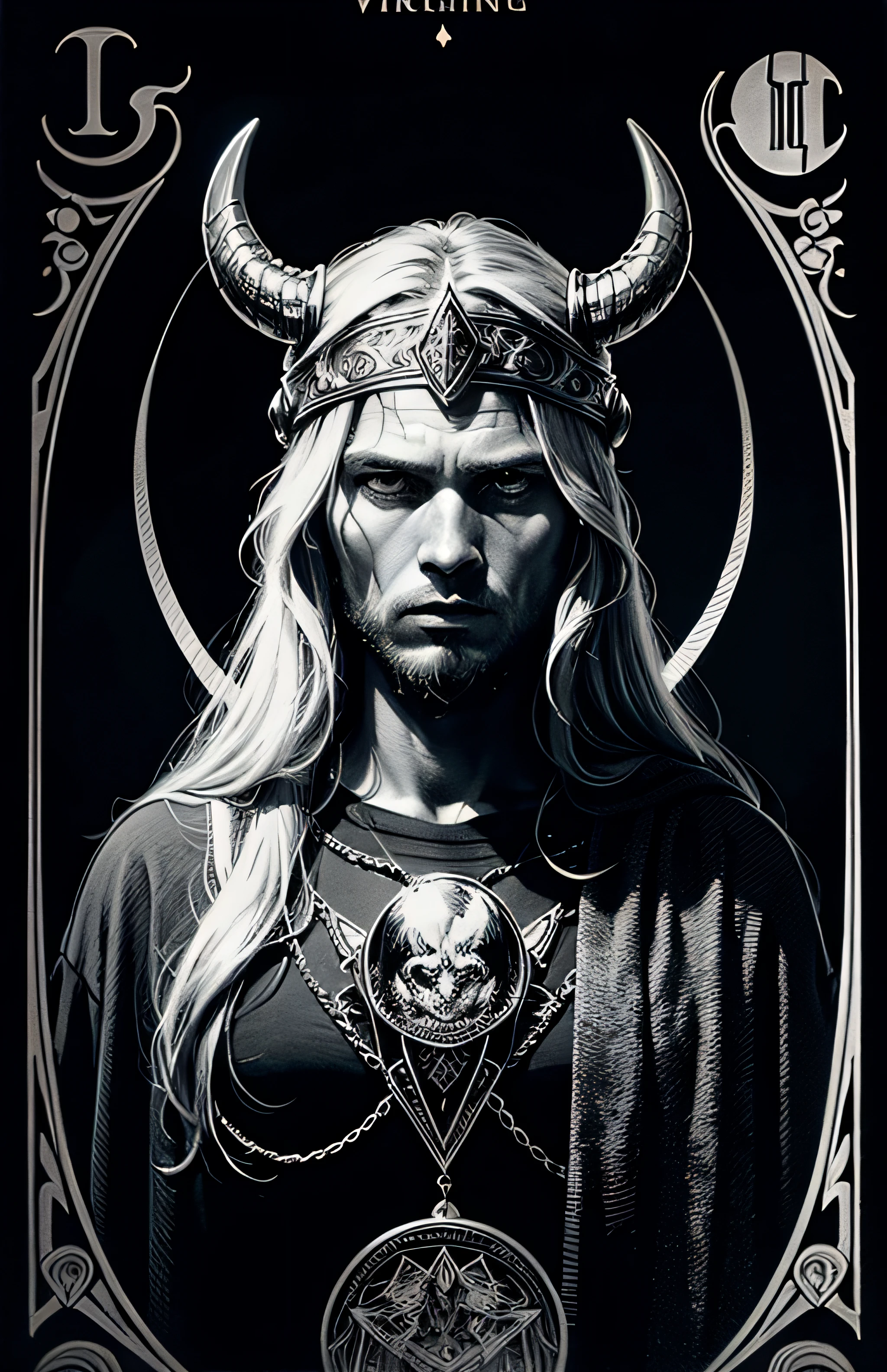 viking, 2D, dark atmosphere, greyscale, detailed linework, cinematic, psychedelic horror, black paper with vibrant line work, ornate, symmetrical, tarot card, highly detailed, ink illustration