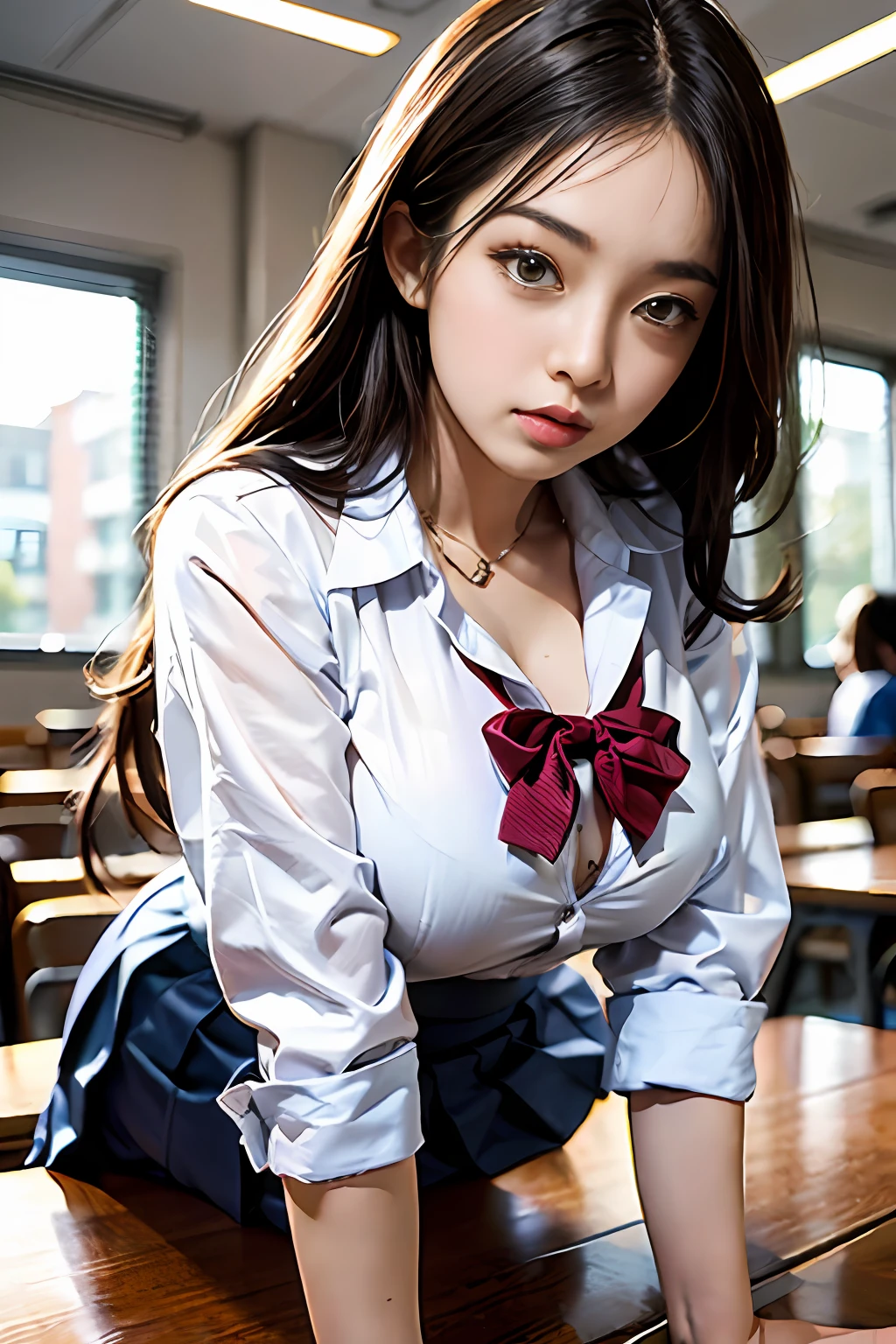 Pretty girl,, (Z-cup oversized swelling exaggerated breasts), （Cover the breasts），Wearing a Chinese school uniform，Arm on the table，bent down，Pout your ass，Lifted up skirt，School skirt that exposes all butts，Pose with various gestures，Full body photo，full-body portraits，Take a picture of your back