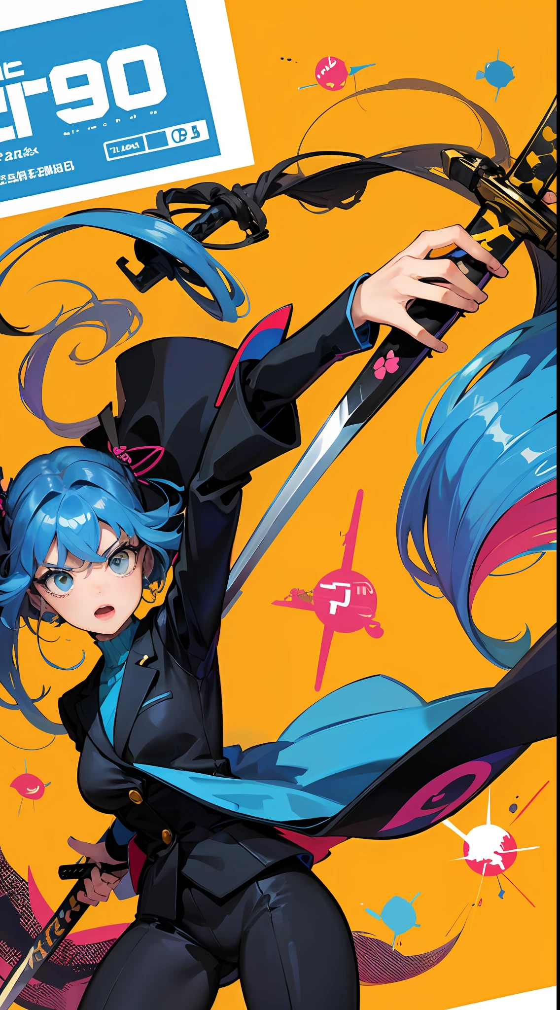 (Rough illustration), [The screen composition is comic-style, the entire screen is printed, Paper Textured Screen, Ink Textures], [(1960s-style cartoon heroine), (Blue and yellow and black tight fit suit), (Katana and)], [dynamicposes, (Slash the entire screen with a sword!!!!!)], Cartoon panel layout, Thick contour lines, Gradients are represented by dot screens, Shadows are represented by a large dot screen, Red×Blue× Yellow×Black, ((Perfect Anatomy))