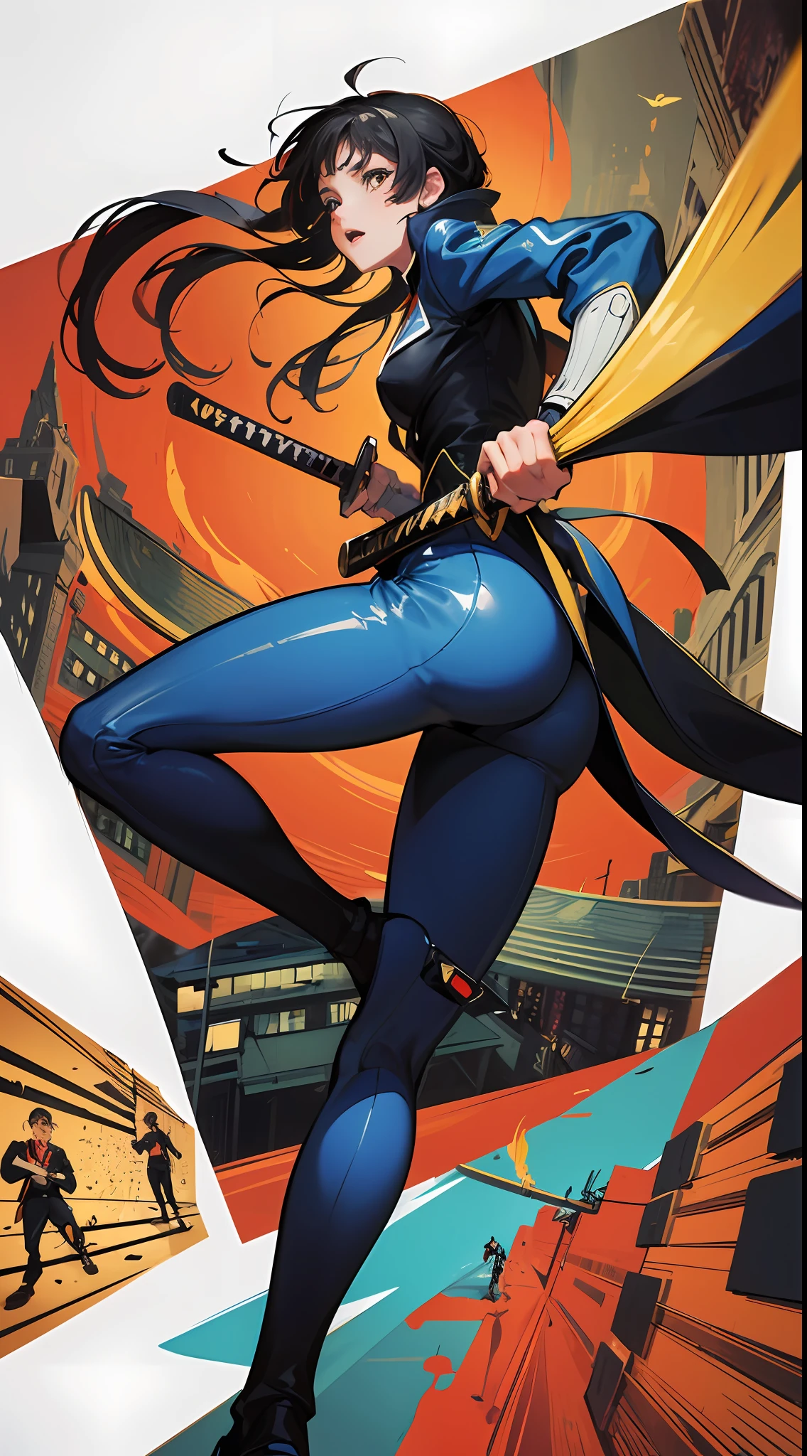 (Rough illustration), [The screen composition is comic-style, the entire screen is printed, Paper Textured Screen, Ink Textures], [(1960s-style cartoon heroine), (Blue and yellow and black tight fit suit), (Katana and)], [dynamicposes, (Jump off buildings and slash the entire screen with a katana!!!!!)], [City background with big moon and buildings], Thick contour lines, Gradients are represented by dot screens, Shadows are represented by a large dot screen, Red×Blue× Yellow×Black, ((Perfect Anatomy))