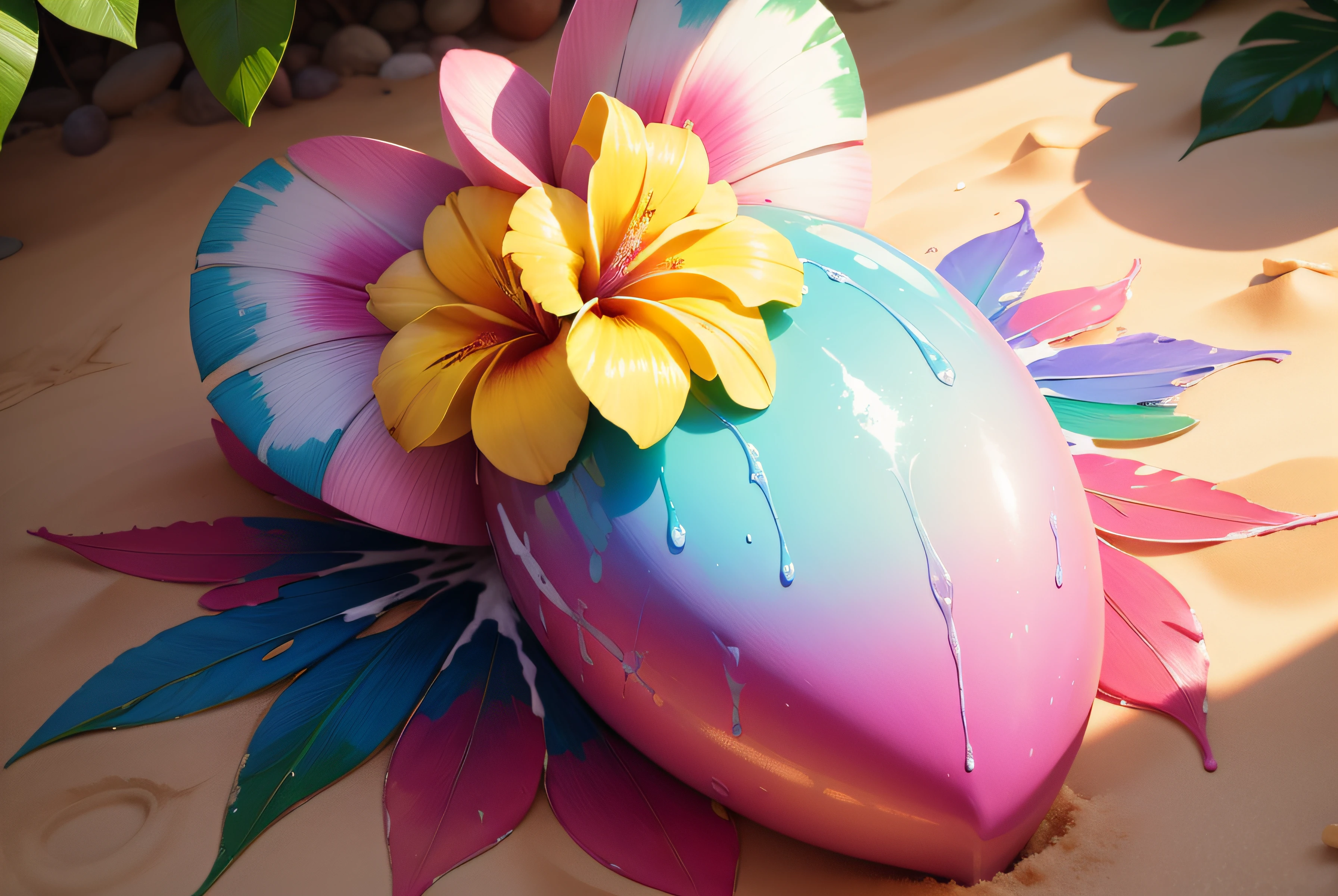 Close-up of a heart made of flowers on the beach, heart made of flowers, Plumeria, tropical flowers, beautiful tropical flowers, blooming tropical flowers, made of flowers and leaves, made of flowers and fruit, made of flowers, Flower petals, with colored flowers, pink yellow flowers, tropical style, made of fruit and flowers, beautiful aesthetic, Beautiful composition,super high-quality model,dripping paint,oil painted,Abstract beauty,Heavy strokes