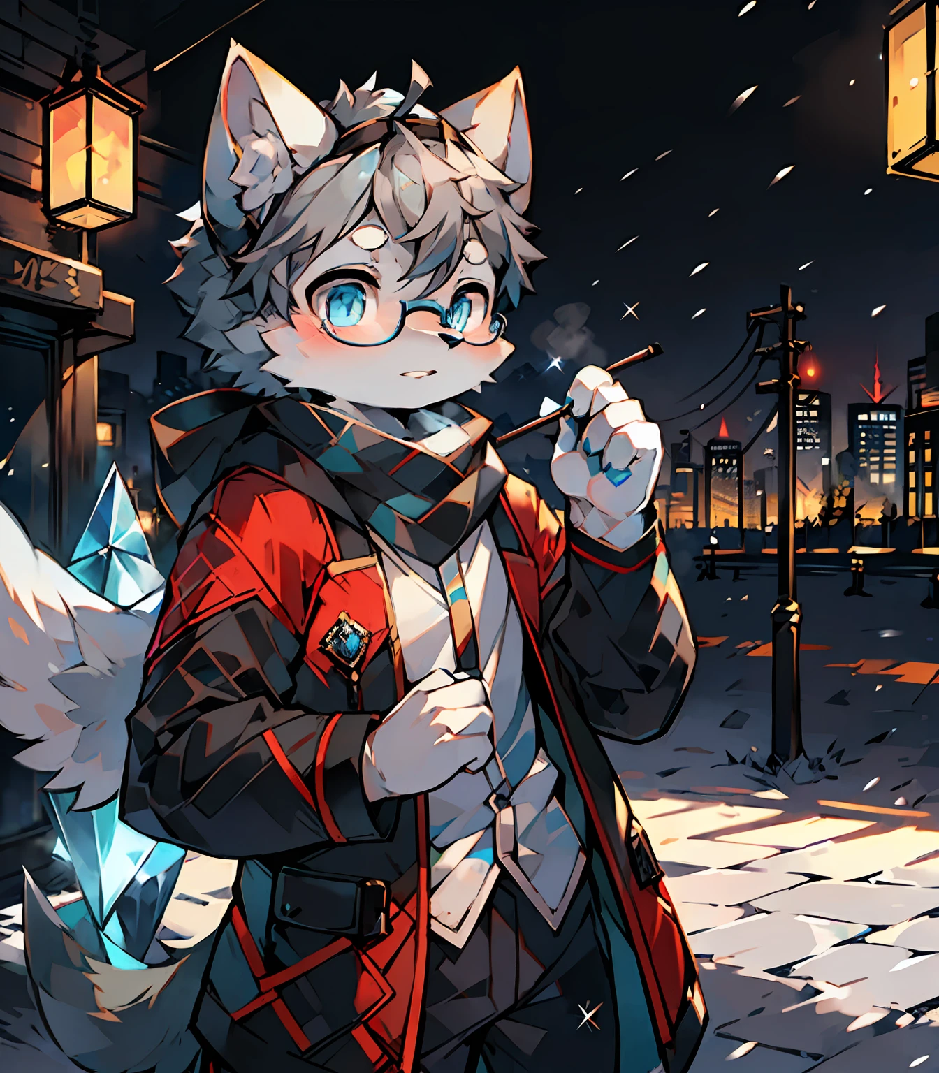 Highest image quality，A masterpiece，Delicate hands，finely-detailed eyes，Normal eyes，furry，Gray cat ears，Gray-blue hair，Black-framed round glasses，eBlue eyes，adolable，Handsome，（（White scarf）），Cat type，modern day, Blue pupil, city night scene, Gray hair, By bangs，Gray crystal wings, Dappled light and shadow,short detailed hair，ember，There are bright eyes of God, Crystal fragments in the air, 城市，winter background，2022，new year，Hand-held fireworks sticks，Outfit in black，Cyberpunk city setting，独奏