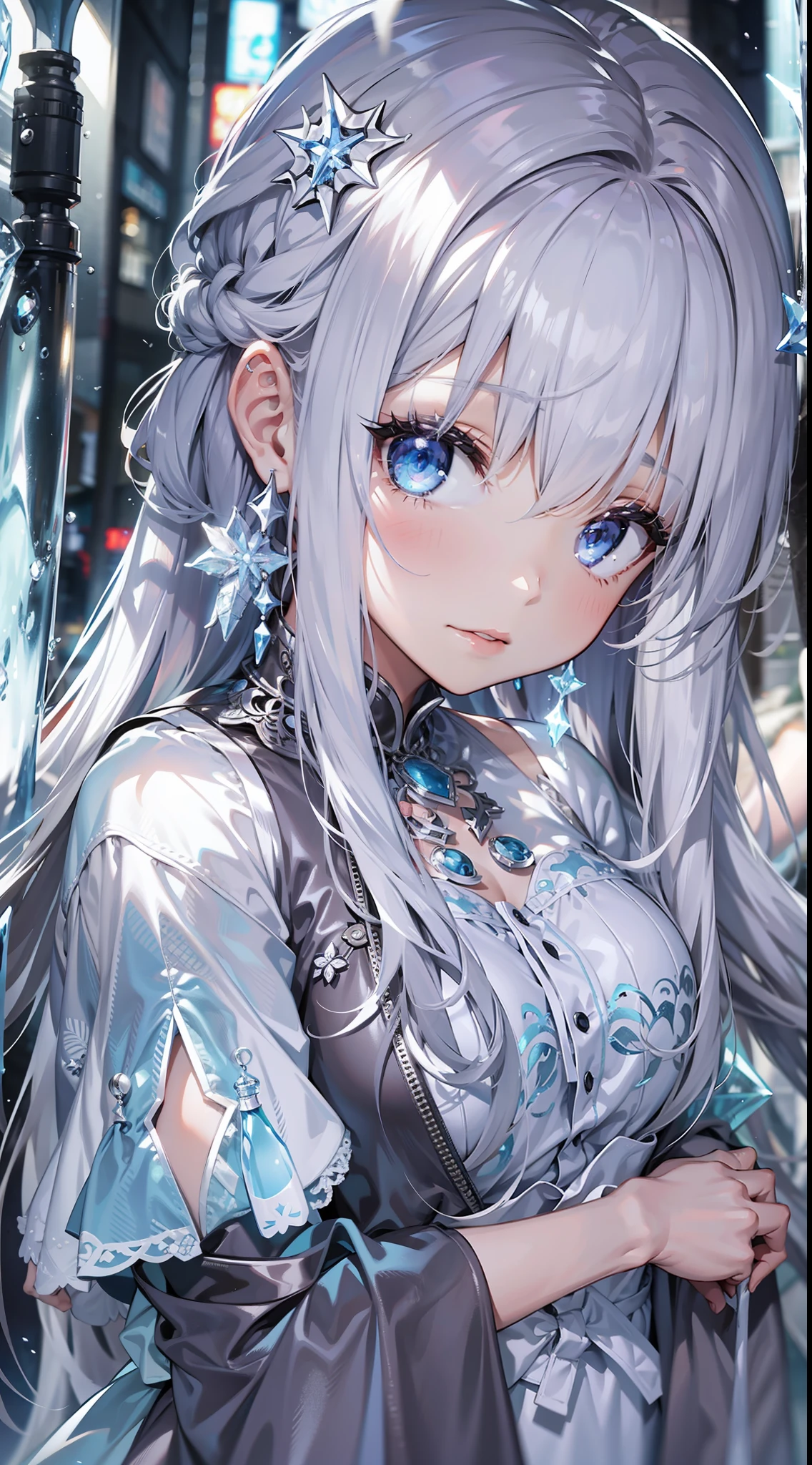 Top image quality　Original Characters、icy、Volume Lighting、Silver long hair、summer  dress、Tokyo Underground Labyrinth、Water channels、Dungeon