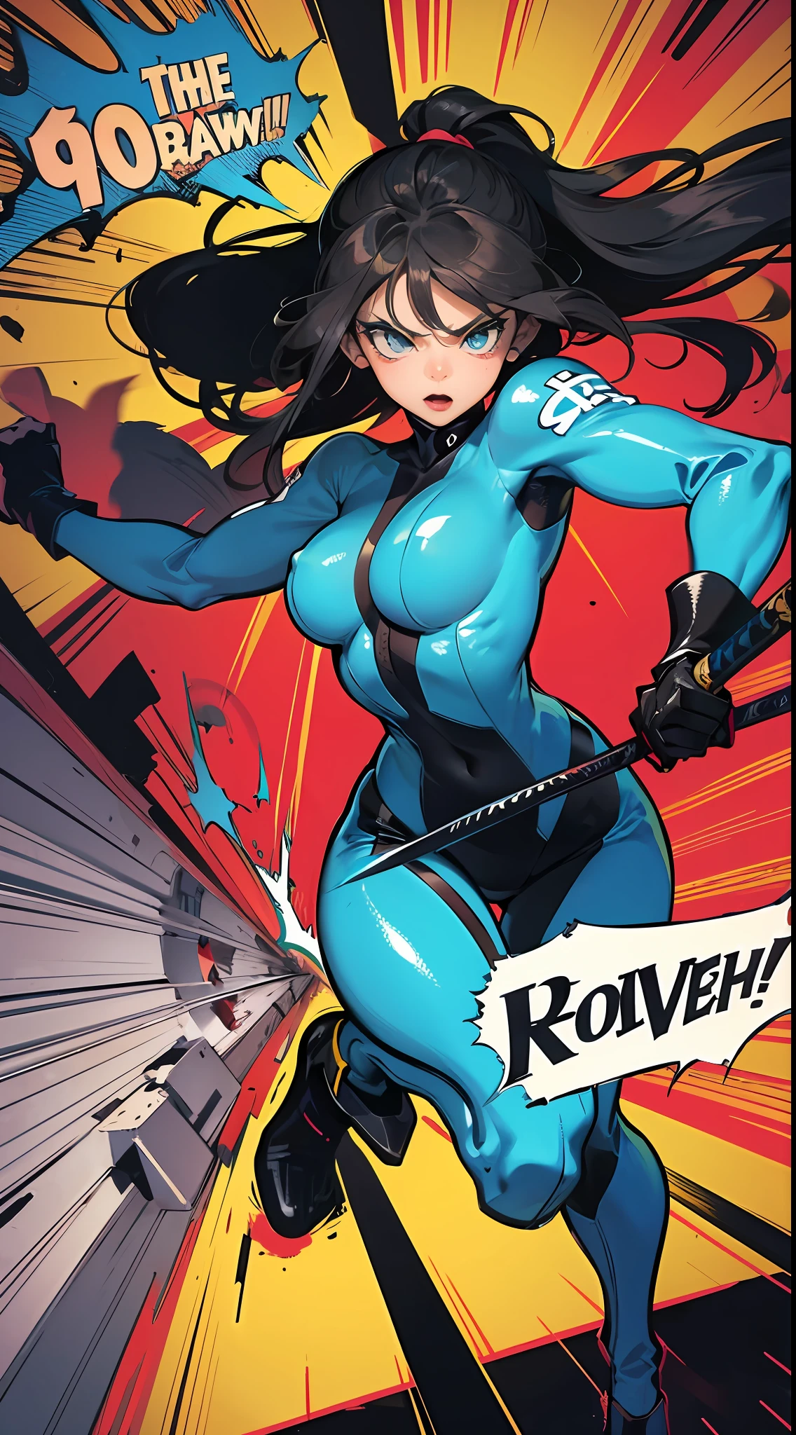 (Rough illustration), [The screen composition is comic-style, the entire screen is printed, Paper Textured Screen, Ink Textures], [(1960s-style cartoon heroine), (Blue and yellow and black tight fit suit), (Katana and)], [dynamicposes, (Slash the entire screen with a sword!!!!!)], Cartoon panel layout, Thick contour lines, Gradients are represented by dot screens, Shadows are represented by a large dot screen, Red×Blue× Yellow×Black, ((Perfect Anatomy))