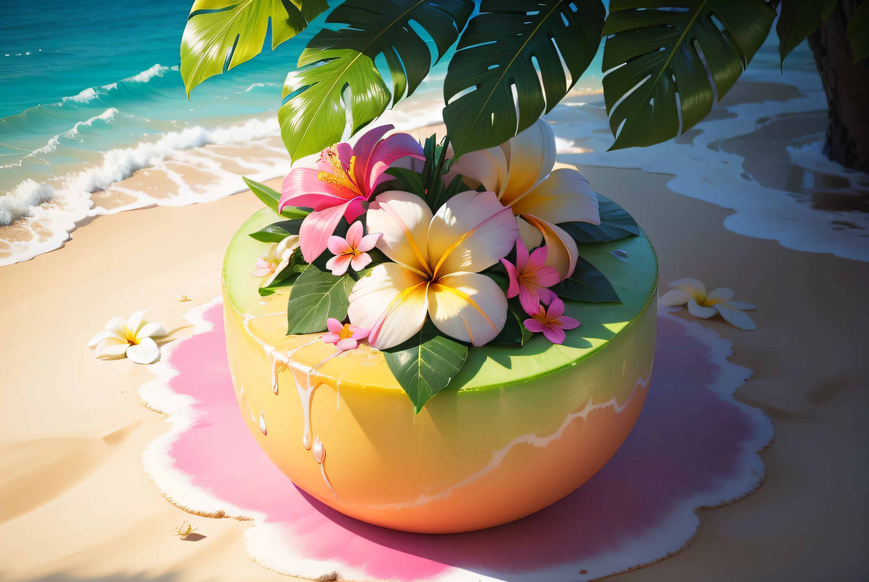 Close-up of a heart made of flowers on the beach, heart made of flowers, Plumeria, tropical flowers, beautiful tropical flowers, blooming tropical flowers, made of flowers and leaves, made of flowers and fruit, made of flowers, Flower petals, with colored flowers, pink yellow flowers, tropical style, made of fruit and flowers, beautiful aesthetic, Beautiful composition,super high-quality model,dripping paint,oil painted,Abstract beauty,Heavy strokes