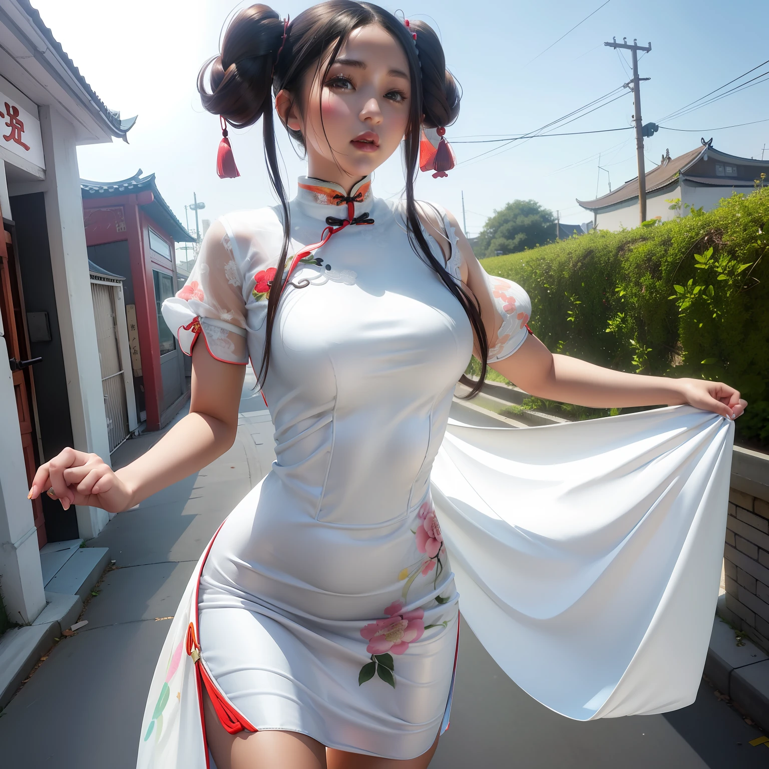 hight resolution、
One beautiful young woman、
(Soft Saturation:1.3)、(light skinned:1.2)、
wearing white outfit、
85mm lens、f / 8.0、
background
gal、
brown haired、
Breasts spilling out of clothes、

Romper

(China Street:1.3)、
1girl in、18year old、(qipao dress:1.5)、Side Tie Peak、(qipao dress:1.5)、
Double pan and long twin tails、A dark-haired