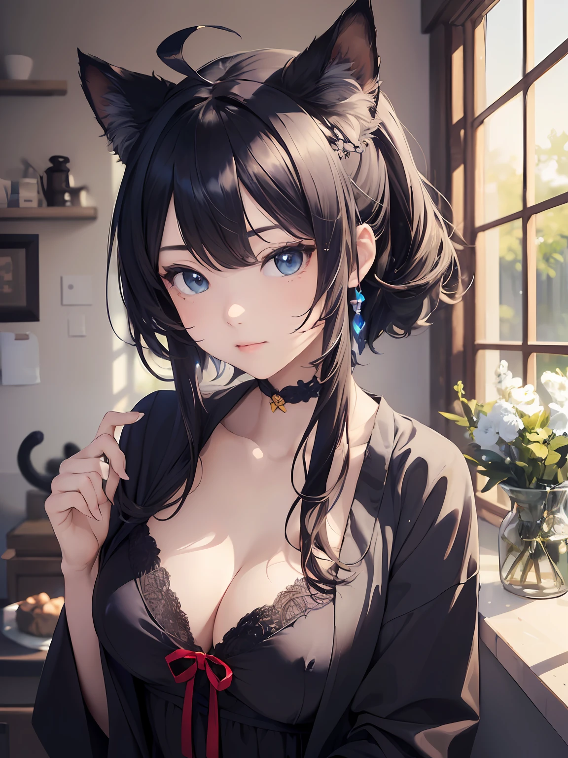 ((top-quality))、((a masterpiece of))、((ultra-definition))、(illustratio)、(Fine light)、(Extremely delicate and beautiful)、(((独奏)))、1 girl in、(((beautiful a girl)))、mideum breasts,blue eyess,(Black cat ears), (Ahoge), shorth hair, (Maeby Hair),bathrobe、komono、