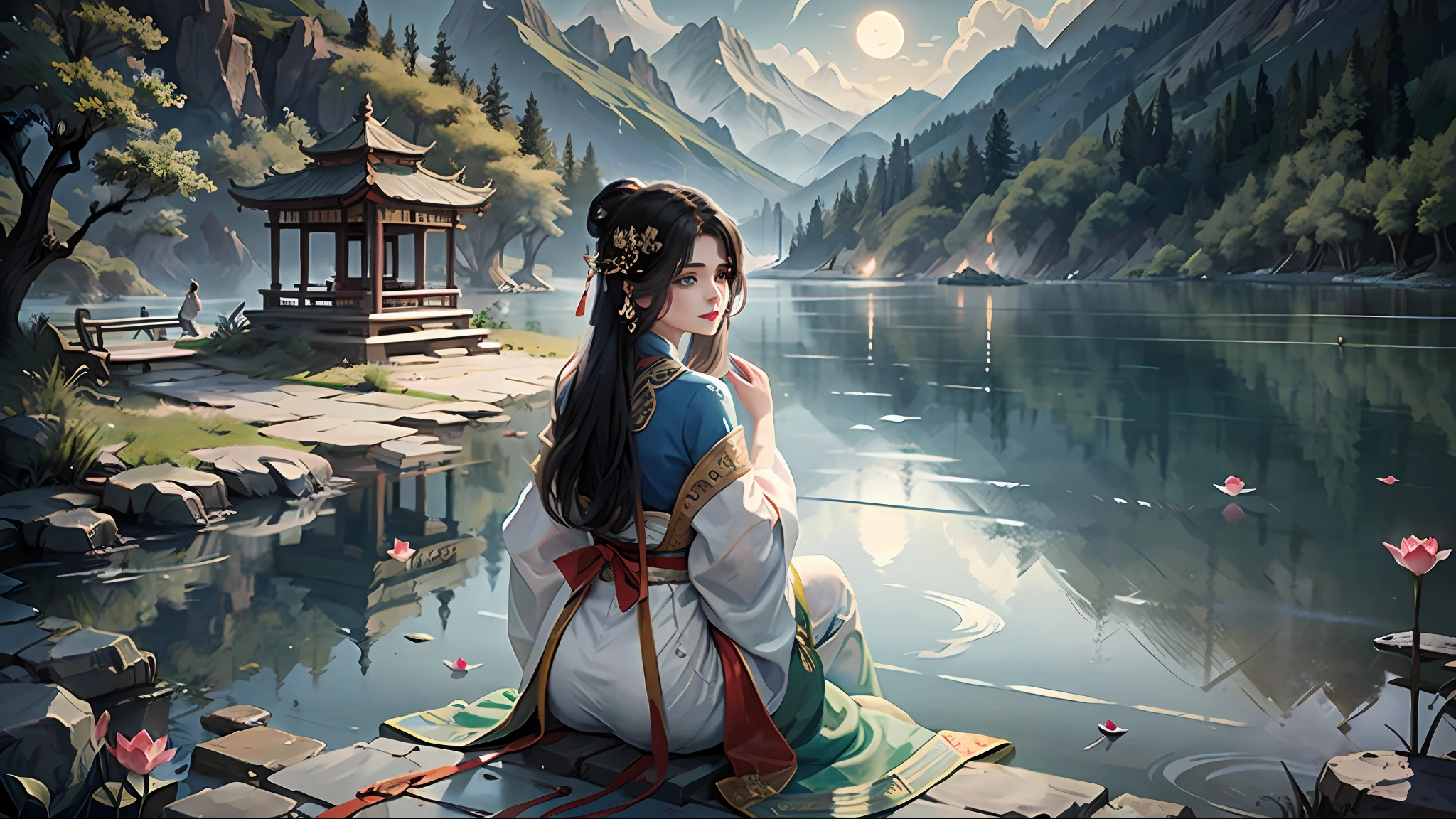 Chinese ancient style, in the pavilion by the lake, The woman, dressed in traditional Chinese traditional white hanfu, Woman sitting on a chair in the pavilion, Woman looking at the lake, In the background, a tall tower rises on the surface of the mountain, A large number of lotus flowers grow in the lake, Above the lake there is a bridge over the lake, The sky is drizzling, The rain is clearly visible, Observe the woman from the outside, Woman looking in a trance,