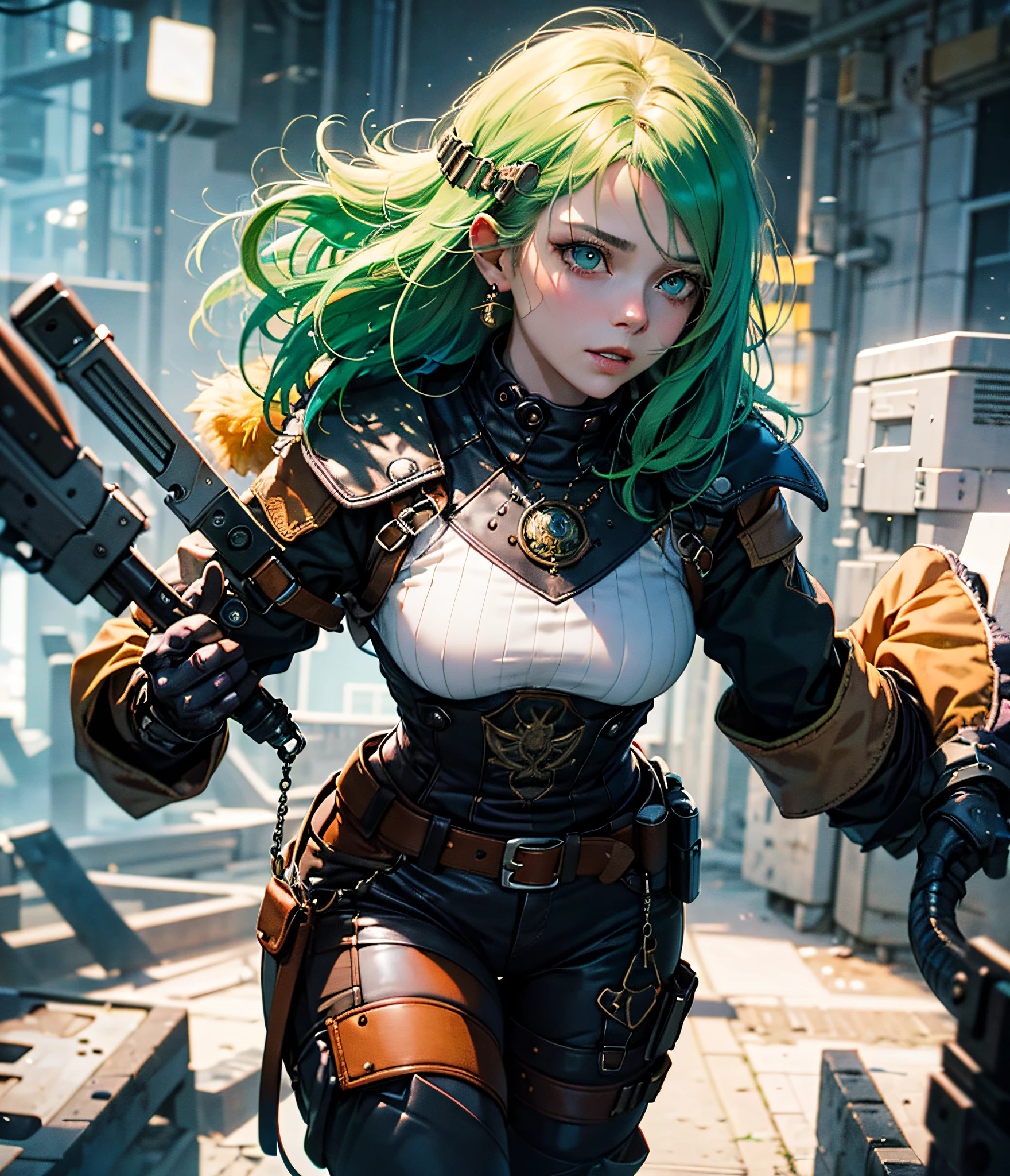 ID da tarefa.:49324819419205 guerreira mulher Cyberpunk linda, com olhos verdes, cabelo longo colorido na cor verde e na cor platinado, Roronoa Zoro, an anime piece, brincos, rosto, green_hair, joias, male_focus, ao ar livre, short_hair, simetric body, retrato, cinematic lighthing, alto contraste, artstation, arte conceito de personagem, 8K, fundo simples, cicatriz sobre um olho