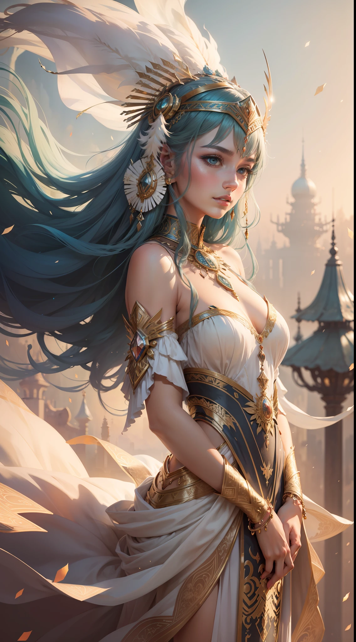 the watercolor style,A beautiful woman in a gorgeous costume,Wear intricate and heavy headdresses,flowy,toplight,glittery,Dreamy feeling,a sense of atmosphere,unbelievable,fictional,best qualtiy,8K,rich details,Ultra-high resolution