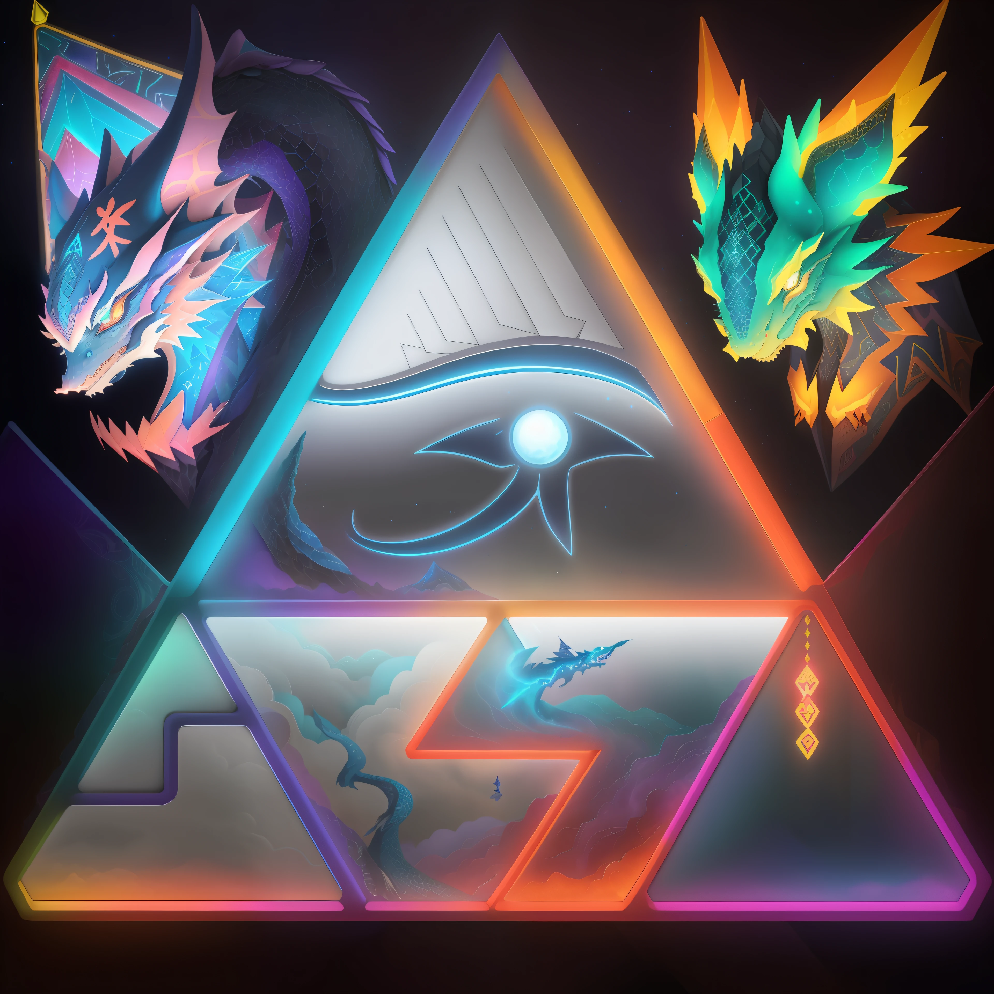 Mystical triangle formed by majestic dragons with shimmering scales, Flying in a starry and colorful sky. Arte no estilo de Hokusai, with neon lighting and vibrant colors. Detailed scenes of alien landscapes add to the magical environment. The quality of the art is 8K, com um toque de surrealismo e estilo de graffiti.