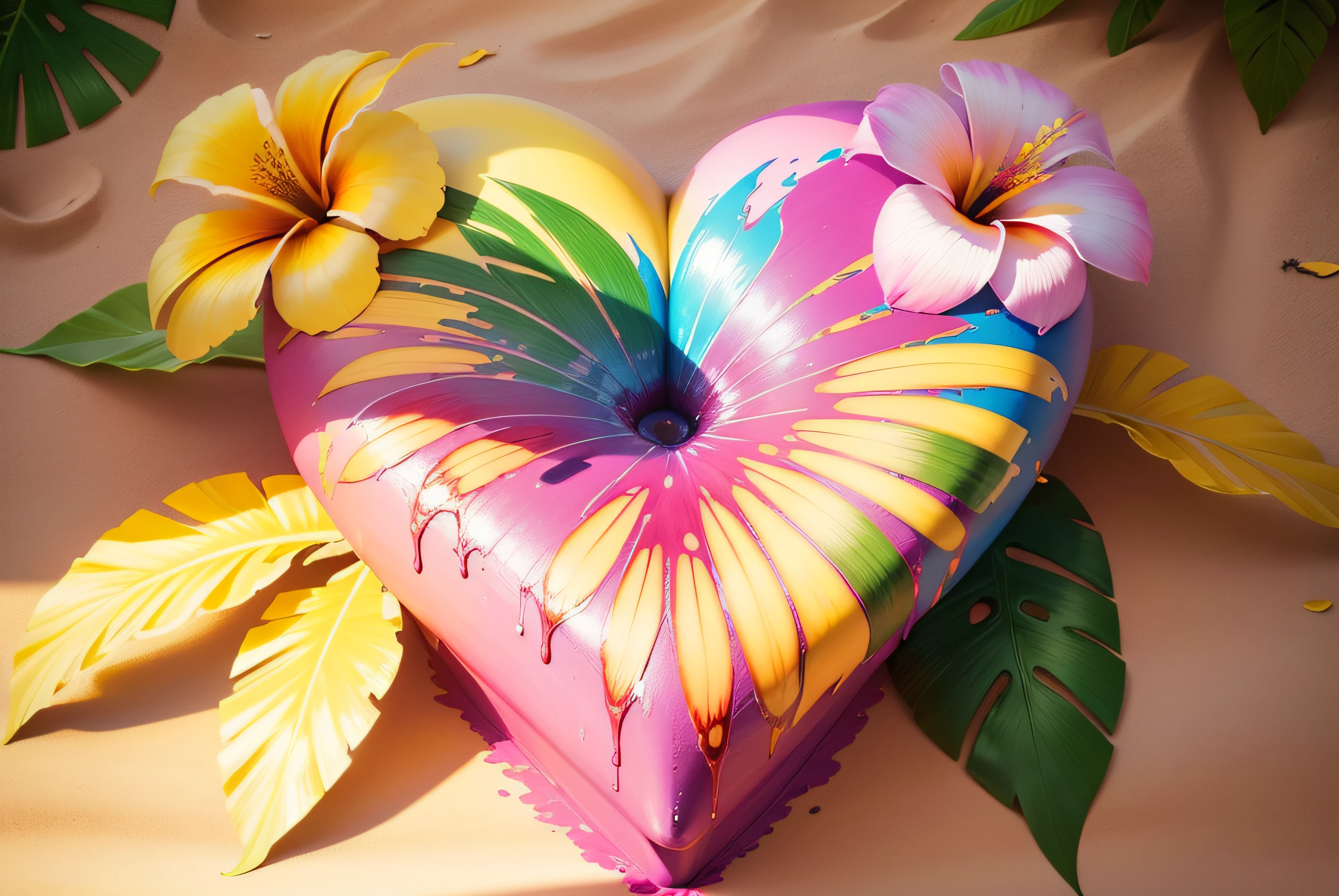 Close-up of a heart made of flowers on the beach, heart made of flowers, Plumeria, tropical flowers, beautiful tropical flowers, blooming tropical flowers, made of flowers and leaves, made of flowers and fruit, made of flowers, Flower petals, with colored flowers, pink yellow flowers, tropical style, made of fruit and flowers, beautiful aesthetic, Beautiful composition，super high-quality model，dripping paint，oil painted，Abstract beauty，Heavy strokes