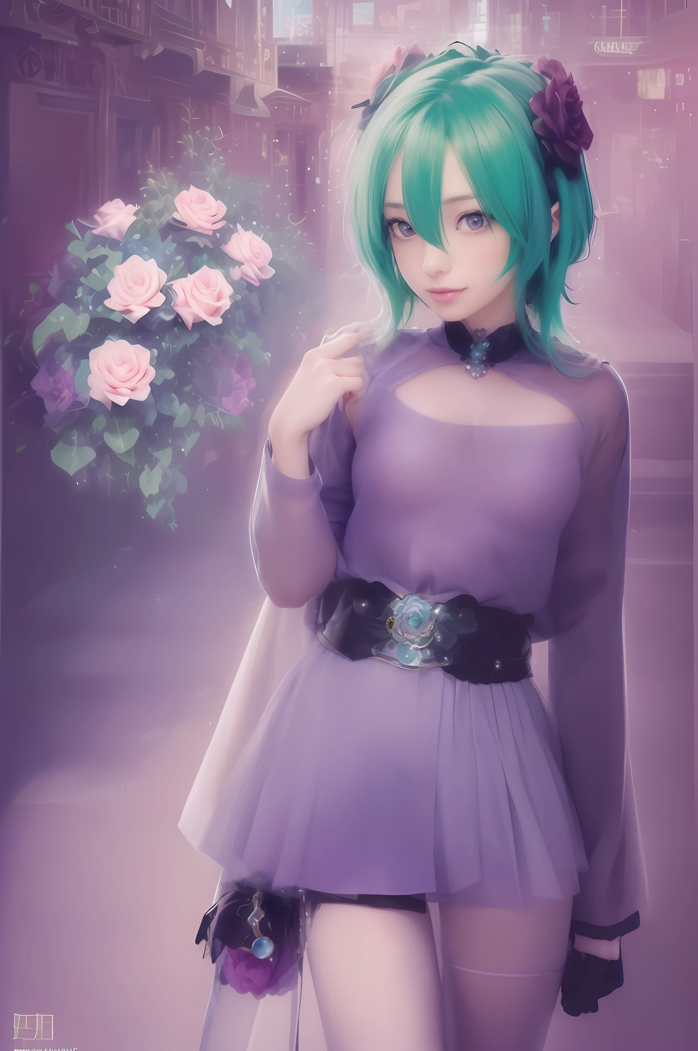 Photographic poster of beautiful women, Sony α7, 35mm Lens, f1.8、((Konmutsuki_gacha_series1, punk_rosette))), cute girl, aqua color flowers, (full body), elegant flowers background, realistic photo, beautiful woman, Beautiful girl, beautiful background, charming girls, realistic 3d style, photo realistic render