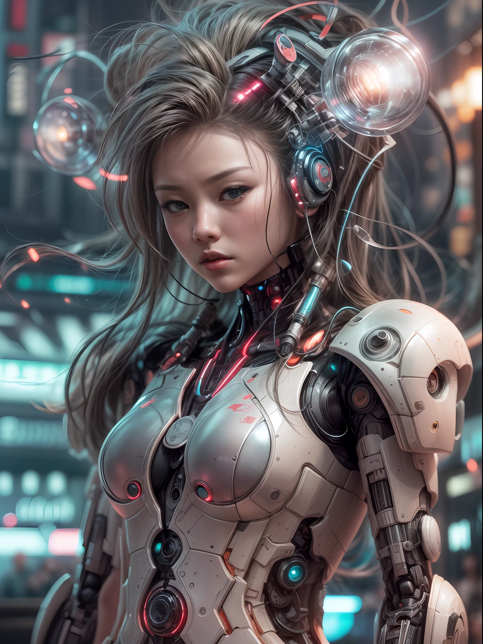 In this ((highly detailed)) , 8K portrait photo, a beautiful cyborg robot girl exudes the essence of cyberpunk, sci-fi, and fantasy. The soft, volumetric lighting accentuates her digital optical fiber skin, showcasing intricate and elegant details. The digital painting captures the essence of the "Goddess of Victory" in Nikke style, with smooth and sharp focus, reminiscent of Otomo Katsuhiro, Hyung-tae Kim, and Oshii Mamoru's art.