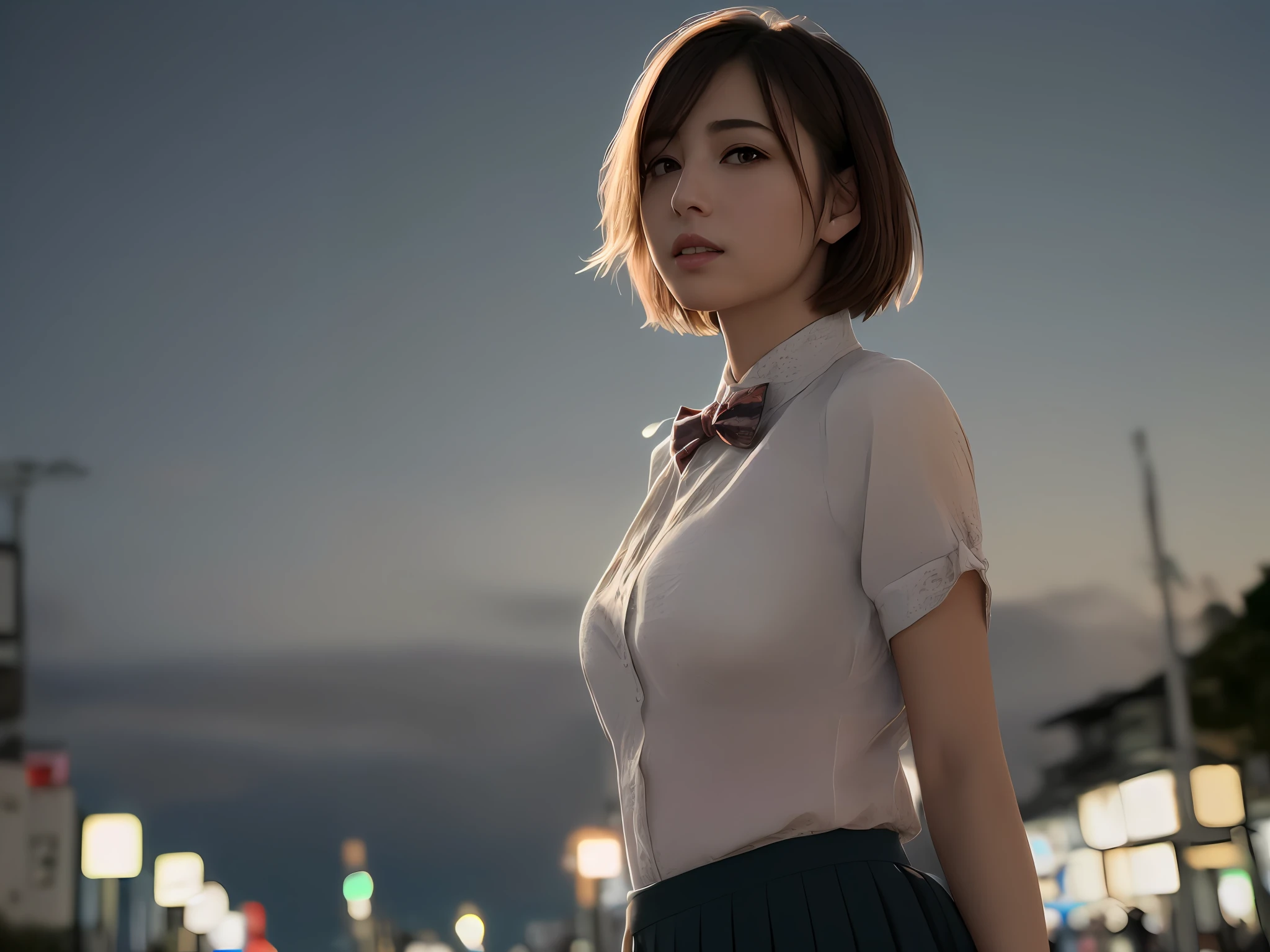 (8k, RAW photo, best quality, masterpiece:1.2), (realistic, photo-realistic:1.37), ultra-detailed, 1 girl,cute, solo,beautiful detailed sky,detailed tokyo street,night, medium breasts,beautiful detailed eyes,(collared shirt:1.1), bowtie,pleated skirt,(short hair:1.2),floating hair,short hai,
