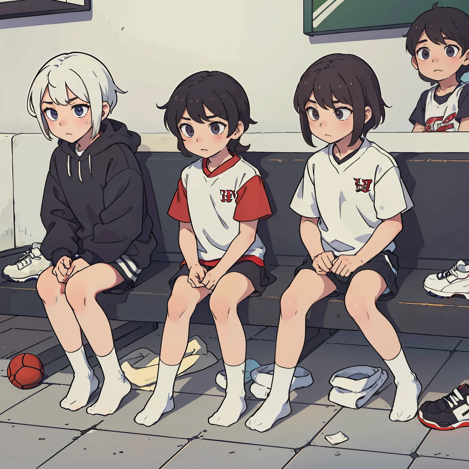 Shota， without wearing shoes， White  socks， sat on the ground， 3 people，Sports wear（rot， blanche）， tmasterpiece， k hd