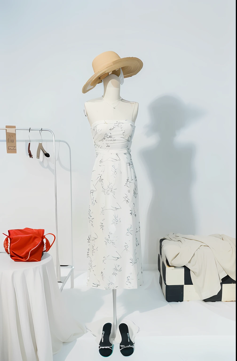 There is a dress and hat on the mannequin rack, dress and cloth, full - length view, in summer, vine dress, Bandeau Dress, summer day, white trendy clothes, frock, Summer dress, white polygonal dress, 🤬 🤮 💕 🎀, wearing in a summer dress, summer morning, Cheongsam, ji-min, simple dress