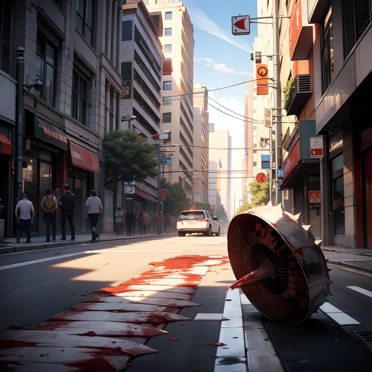 A large white worm laying dead on a city street. Covered in cuts and blood