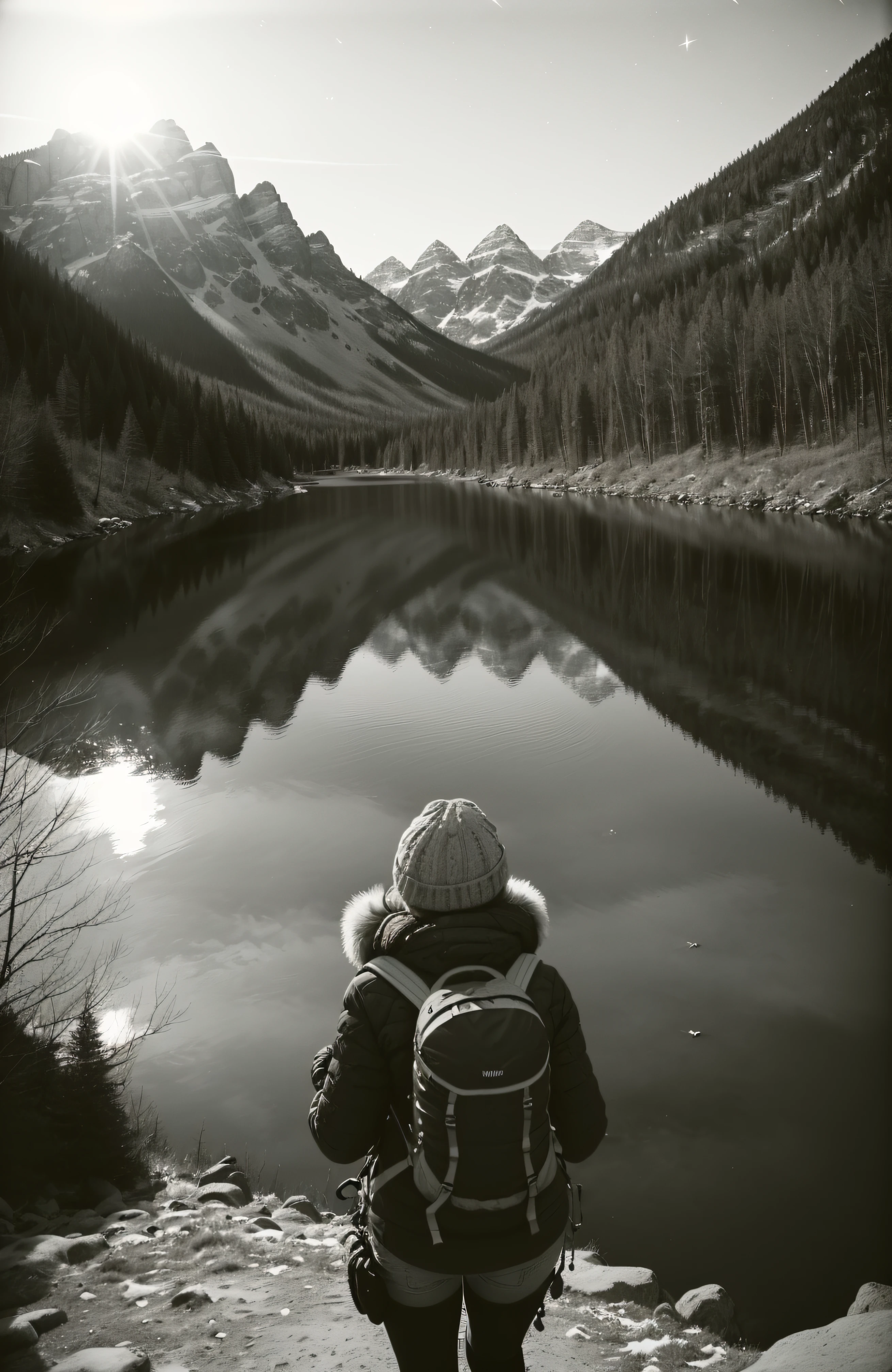 1 woman((upper body selfie, happy)), masterpiece, best quality, ultra-detailed, solo, outdoors, (night), mountains, nature, (stars, moon) cheerful, happy, backpack, sleeping bag, camping stove, water bottle, mountain boots, gloves, sweater, hat, flashlight, forest, rocks, river, wood, smoke, shadows, contrast, clear sky, analog style (look at viewer:1.2) (skin texture) (film grain:1.3), (warm hue, warm tone)
