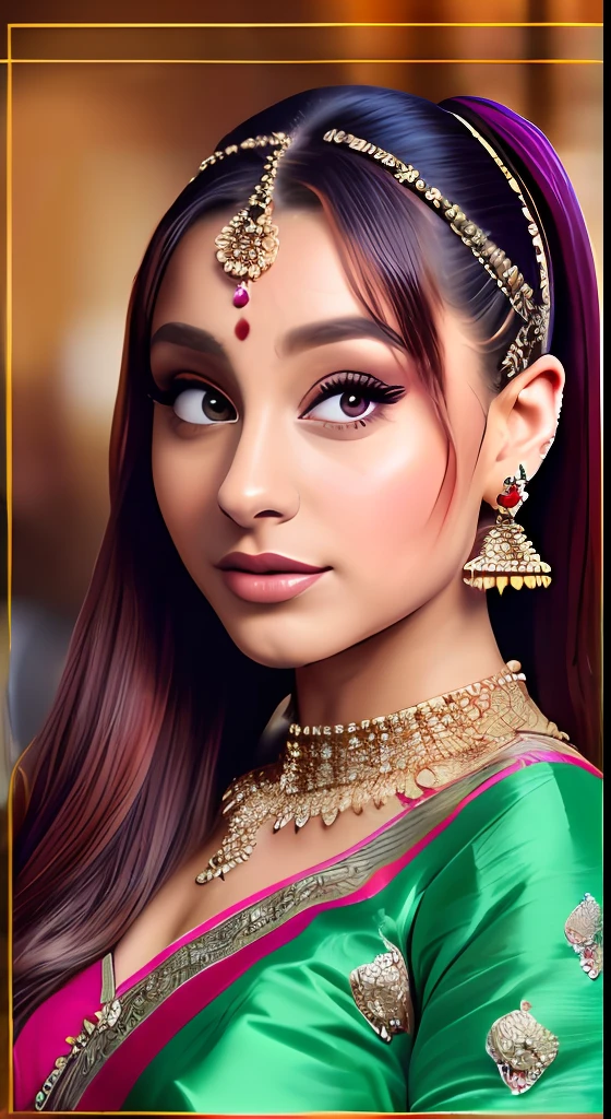 "Stunning portrayal of Ariana Grande in an elegant Indian saree. Attention to intricate details and realistic image quality. Best quality. 8k resolution. Masterpiece."