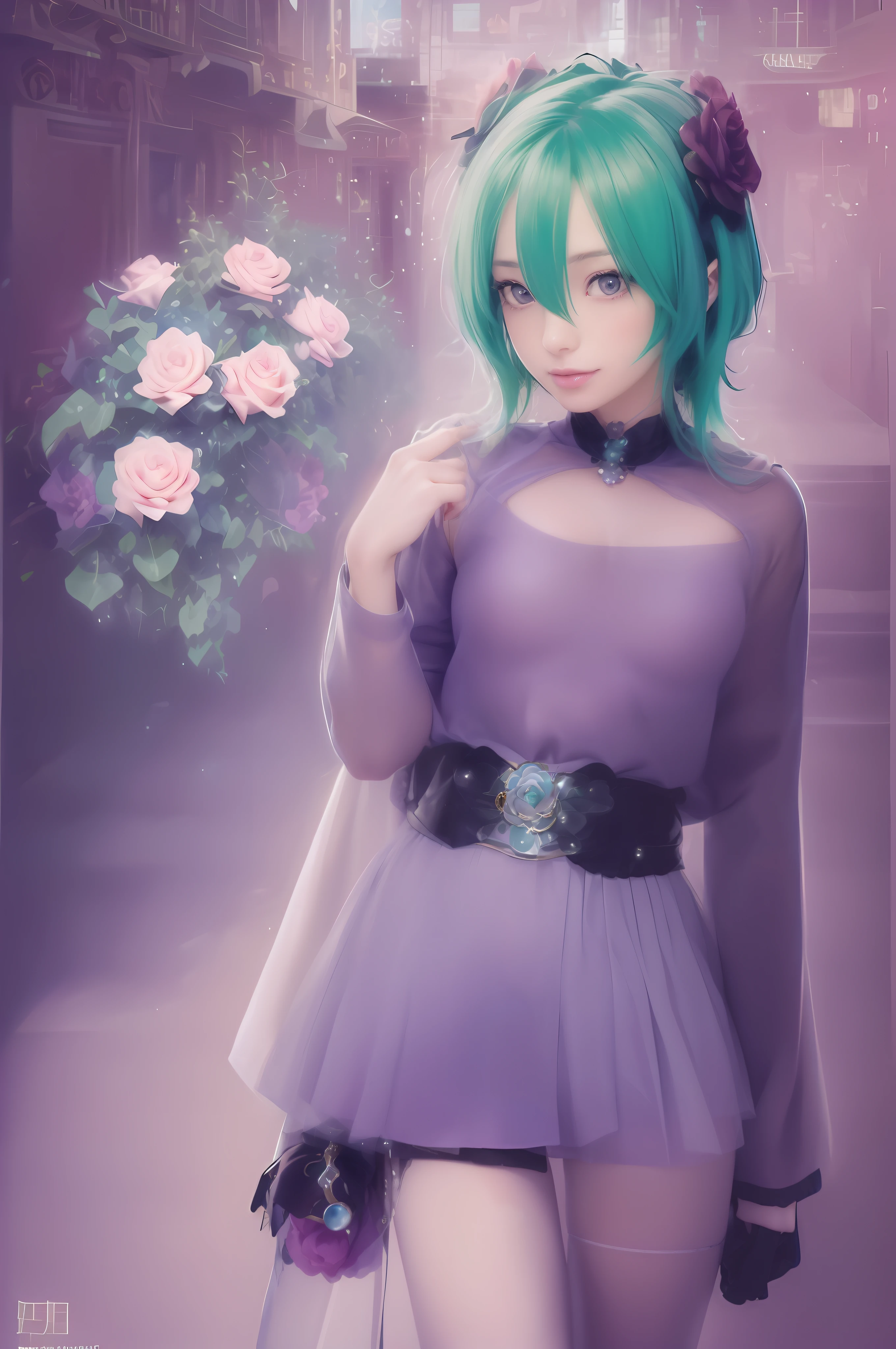 Photographic poster of beautiful women, Sony α7, 35mm Lens, f1.8、((Konmutsuki_gacha_series1, punk_rosette))), cute girl, aqua color flowers, (full body), elegant flowers background, realistic photo, beautiful woman, Beautiful girl, beautiful background, charming girls, realistic 3d style, photo realistic render