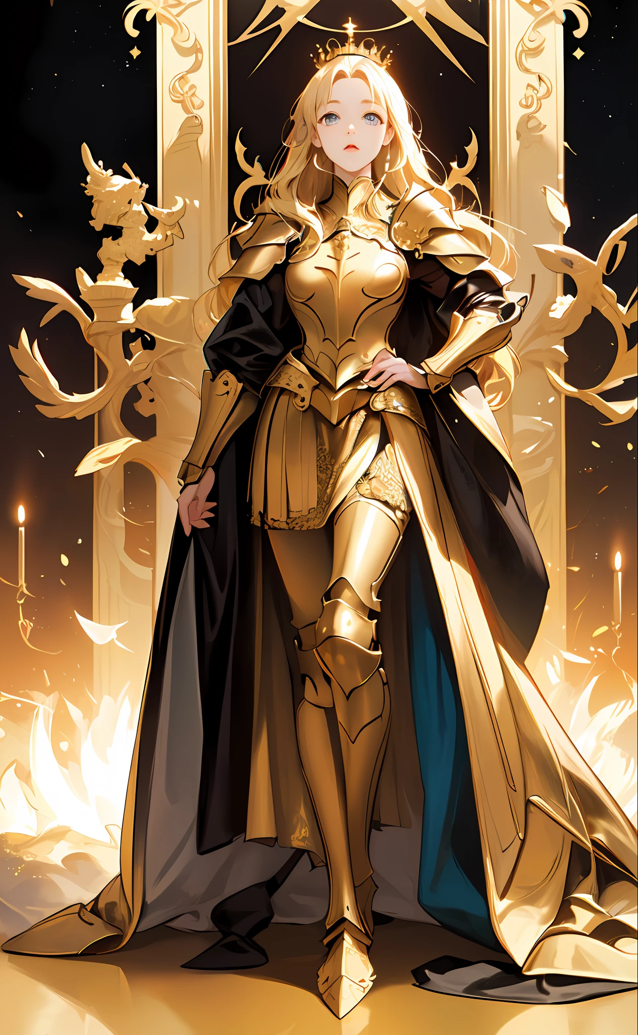 (hight resolution、masterpiece、side lights、Beautiful Eyes of Details:1.2)、3D顔、realisitic、face perfect、Golden hair、Queen of Armor、s Armor、His Majesty the Emperor、Absolute monarch、dignity、awe、Black and Gold theme、full body Esbian