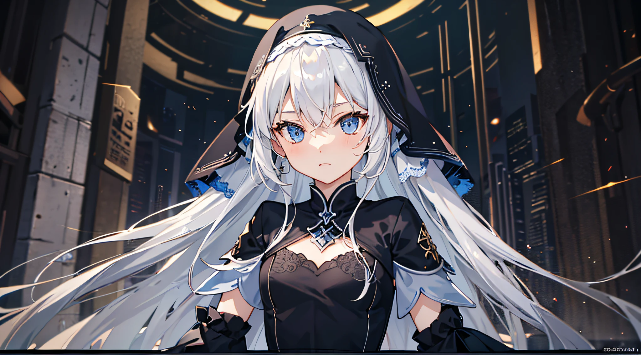 (masutepiece:1.2), (Best Quality:1.3), valkyrie_pledge, 1girl in, Flat_Chest, Black_Dress, nun, veils,