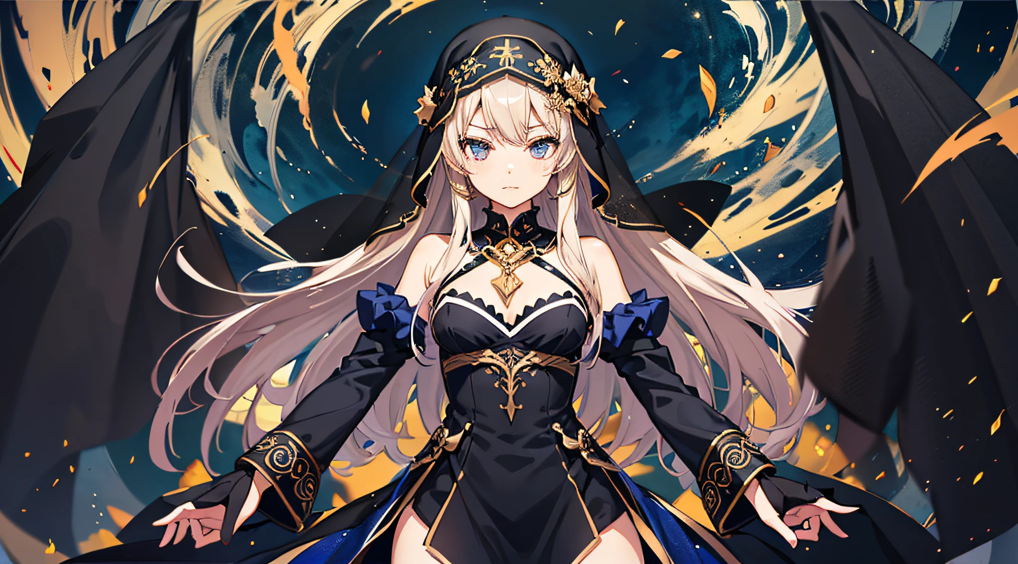 (masutepiece:1.2), (Best Quality:1.3), valkyrie_pledge, 1girl in, Flat_Chest, Black_Dress, nun, veils,