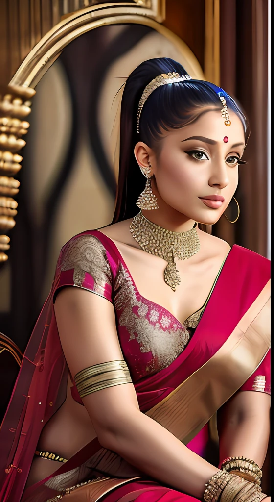"Stunning portrayal of Ariana Grande in an elegant Indian saree. Attention to intricate details and realistic image quality. Best quality. 8k resolution. Masterpiece."