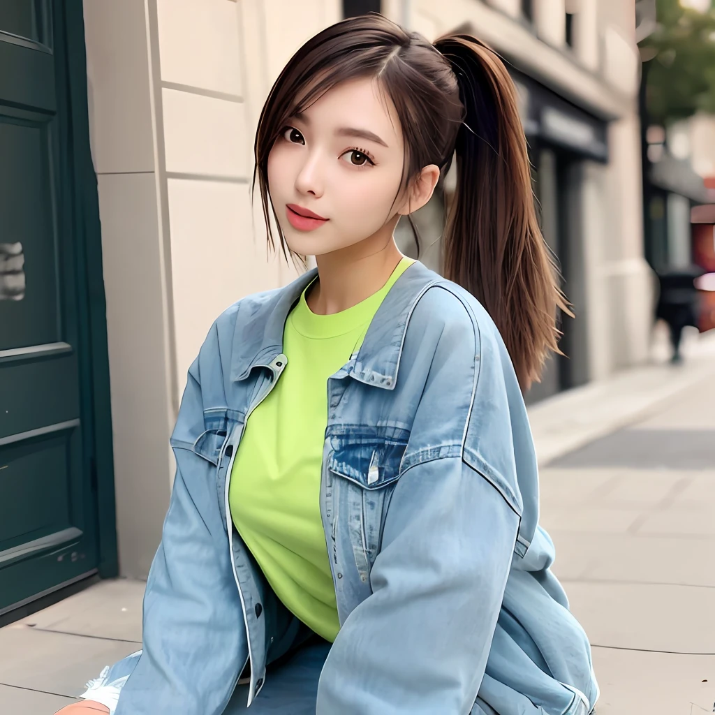 brunette color hair,High ponytail,Qi bangs,Green sweatshirt,denim pant