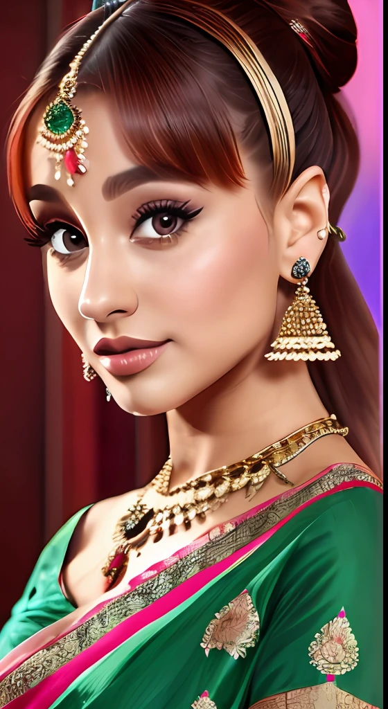 "Stunning portrayal of Ariana Grande in an elegant Indian saree. Attention to intricate details and realistic image quality. Best quality. 8k resolution. Masterpiece."